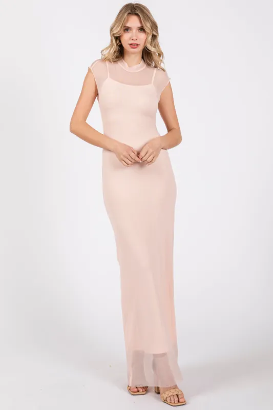 Light Pink Mock Neck Sleeveless Mesh Midi Dress sold by Pinkblush