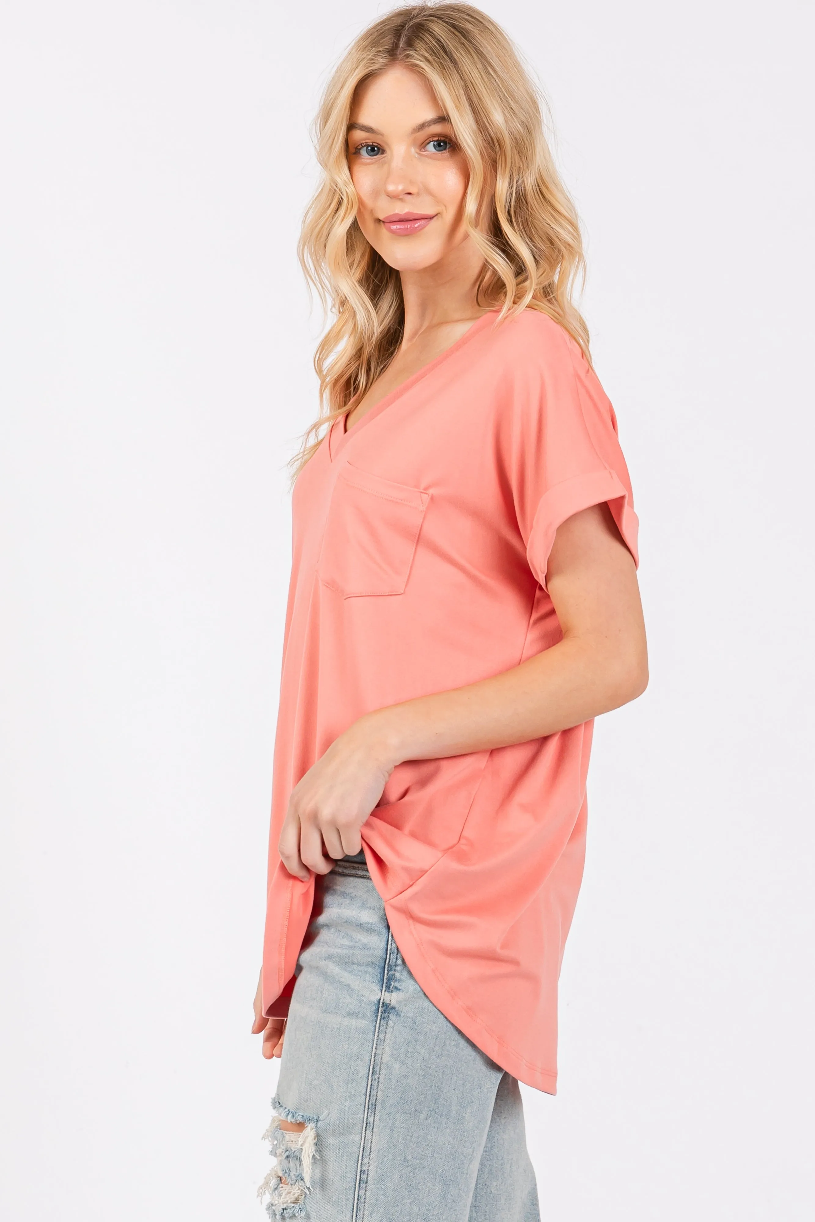 Coral V-Neck Pocket Short Sleeve Shirt sold by Pinkblush product image thumbnail 3