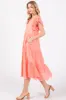 Peach V-Neck Eyelet Detail Ruffle Shoulder Tiered Midi Dress sold by Pinkblush