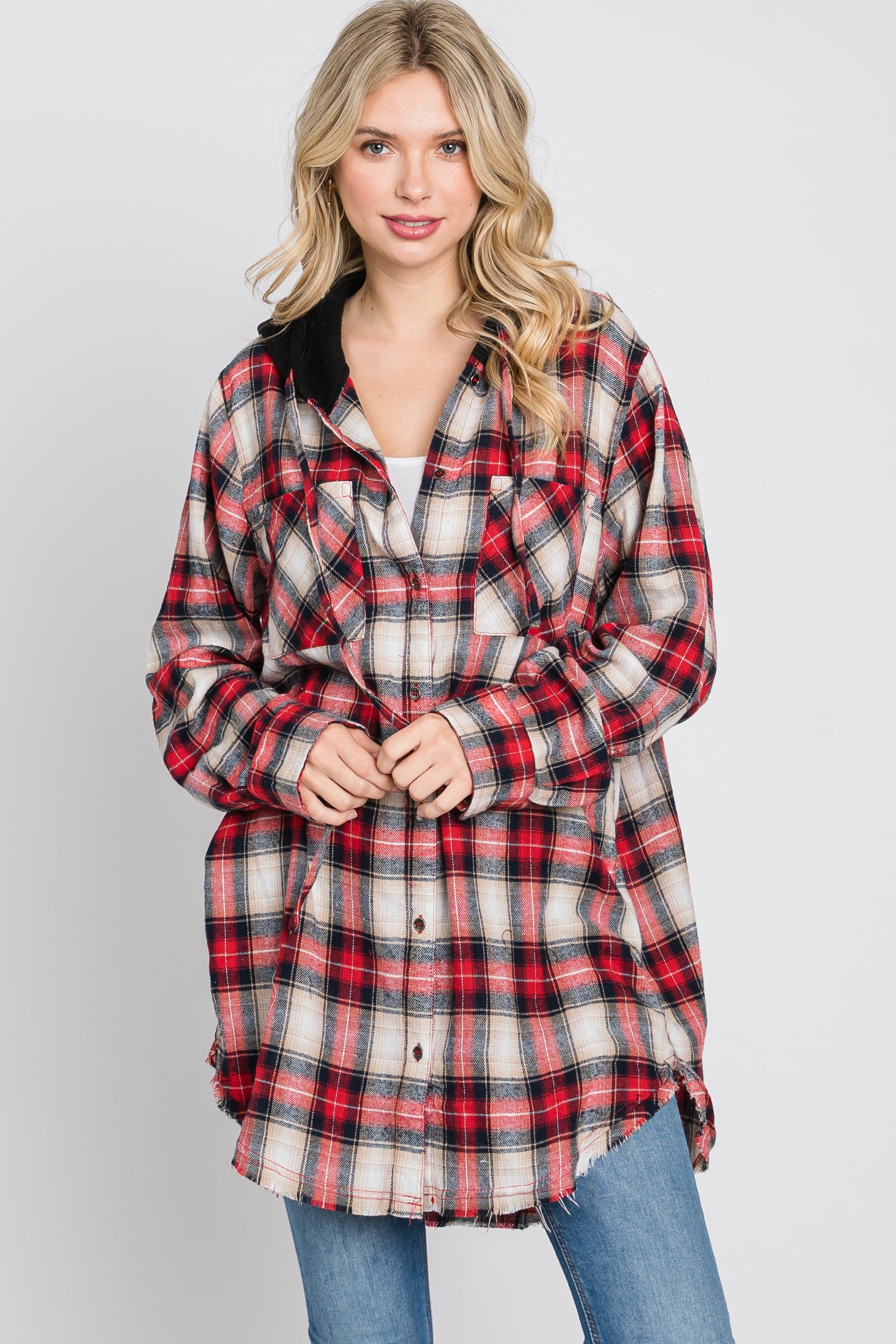 Red Plaid Button Front Fringe Hem Hooded Top sold by Pinkblush