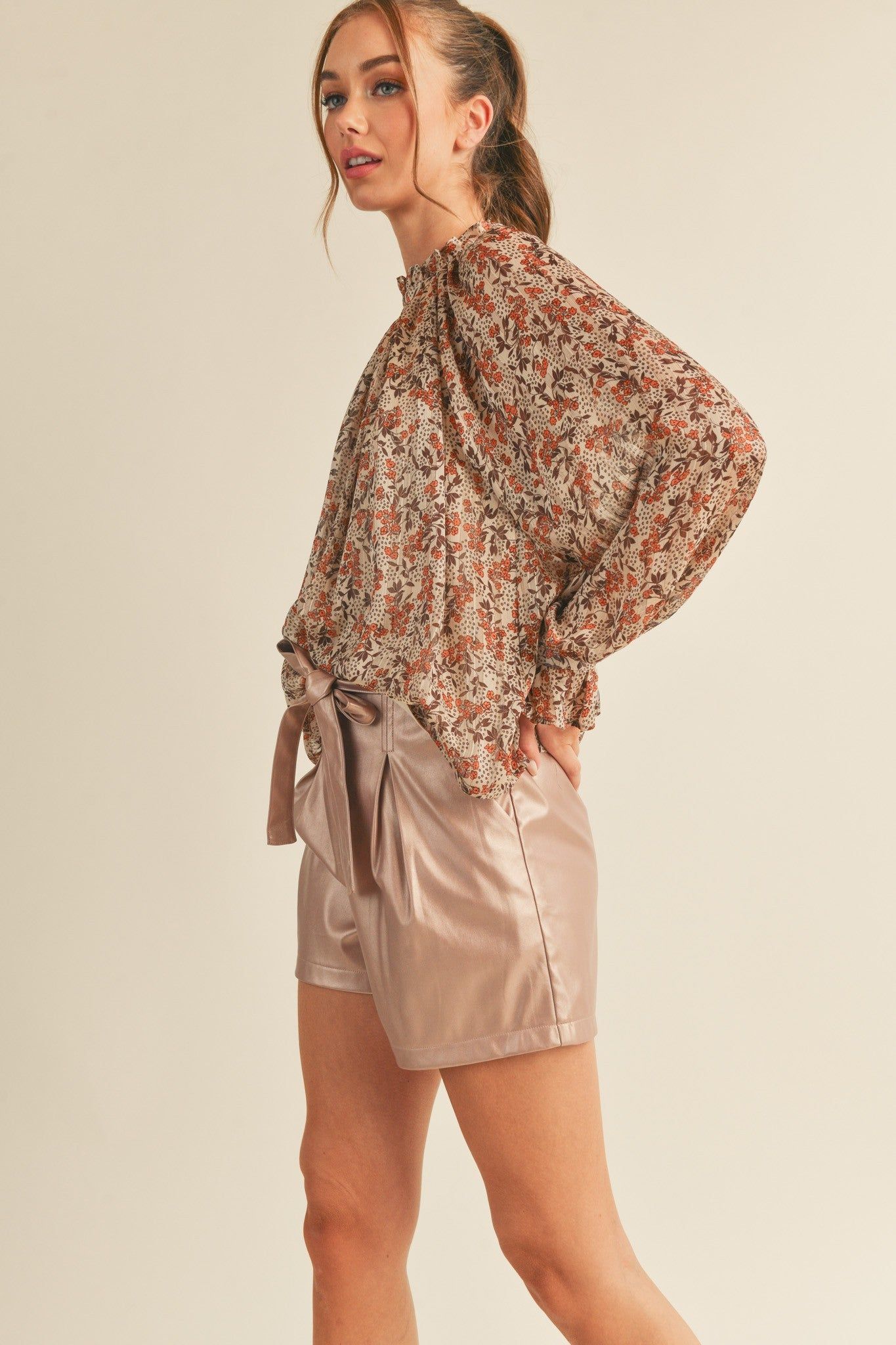 Beige Brown Floral Lurex Balloon Sleeve Top sold by Pinkblush product image thumbnail 2