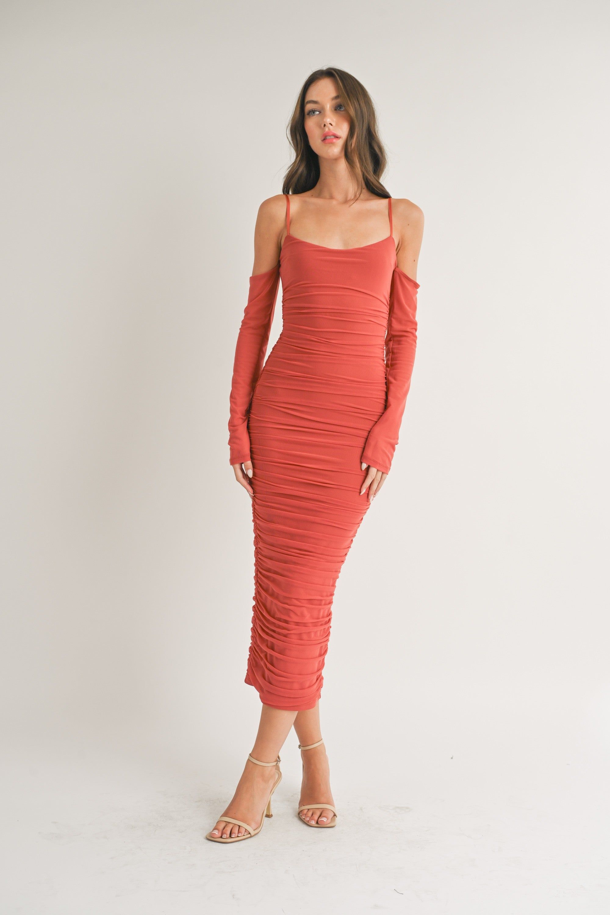 Rust Mesh Ruched Long Sleeve Midi Dress sold by Pinkblush