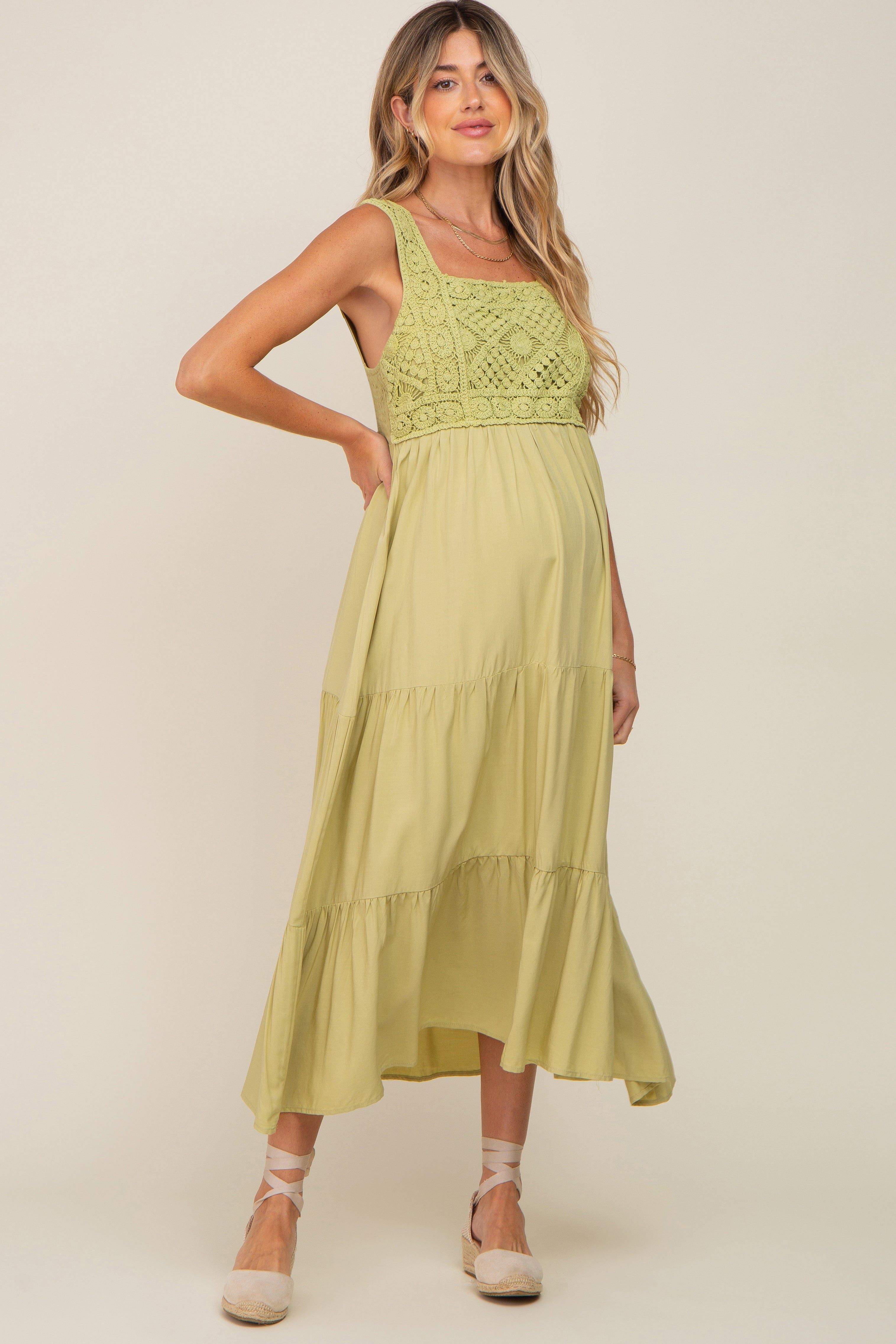 Lime Crochet Tiered Maternity Midi Dress sold by Pinkblush