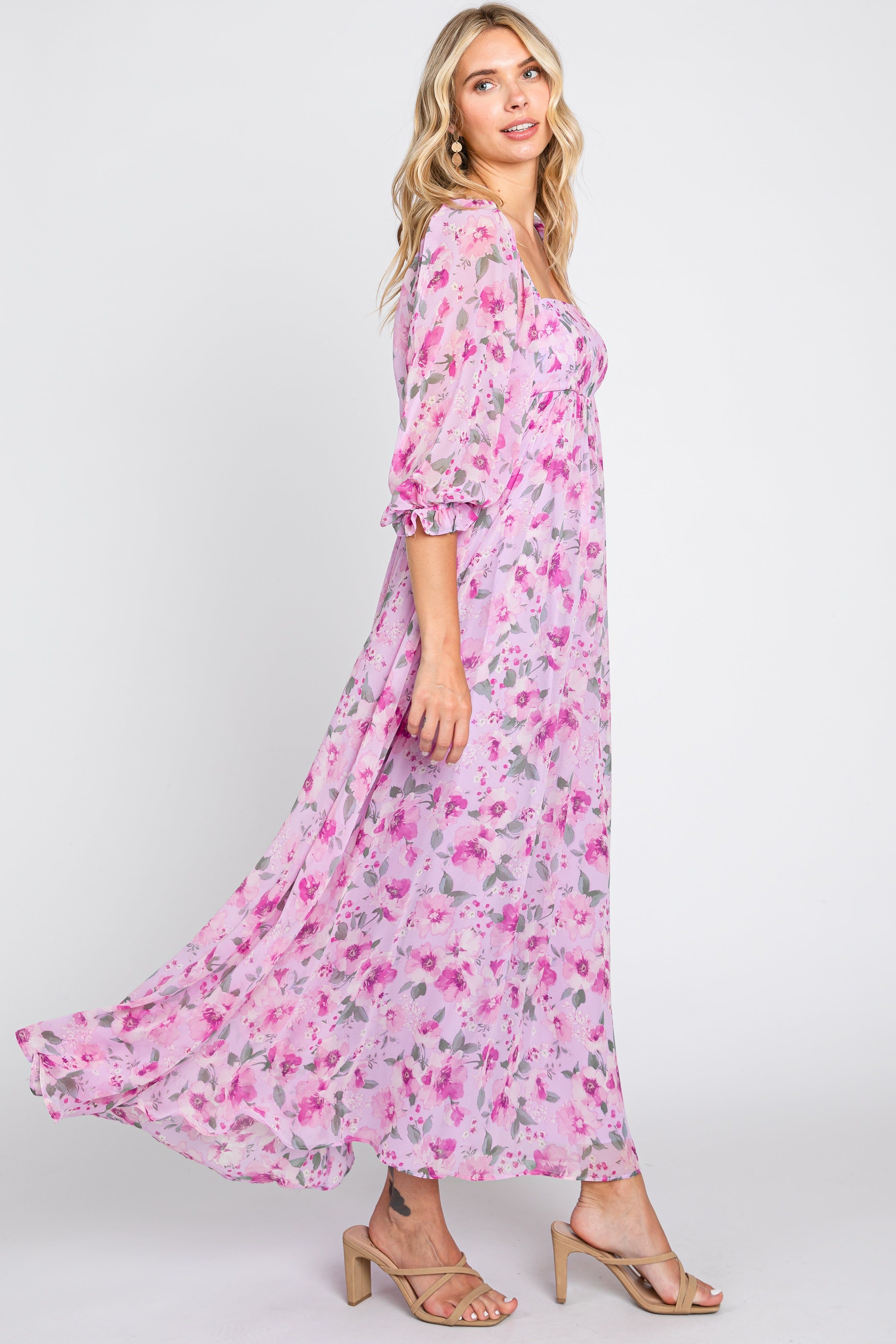 Lavender Floral Chiffon Puff Sleeve Maxi Dress sold by Pinkblush product image thumbnail 2