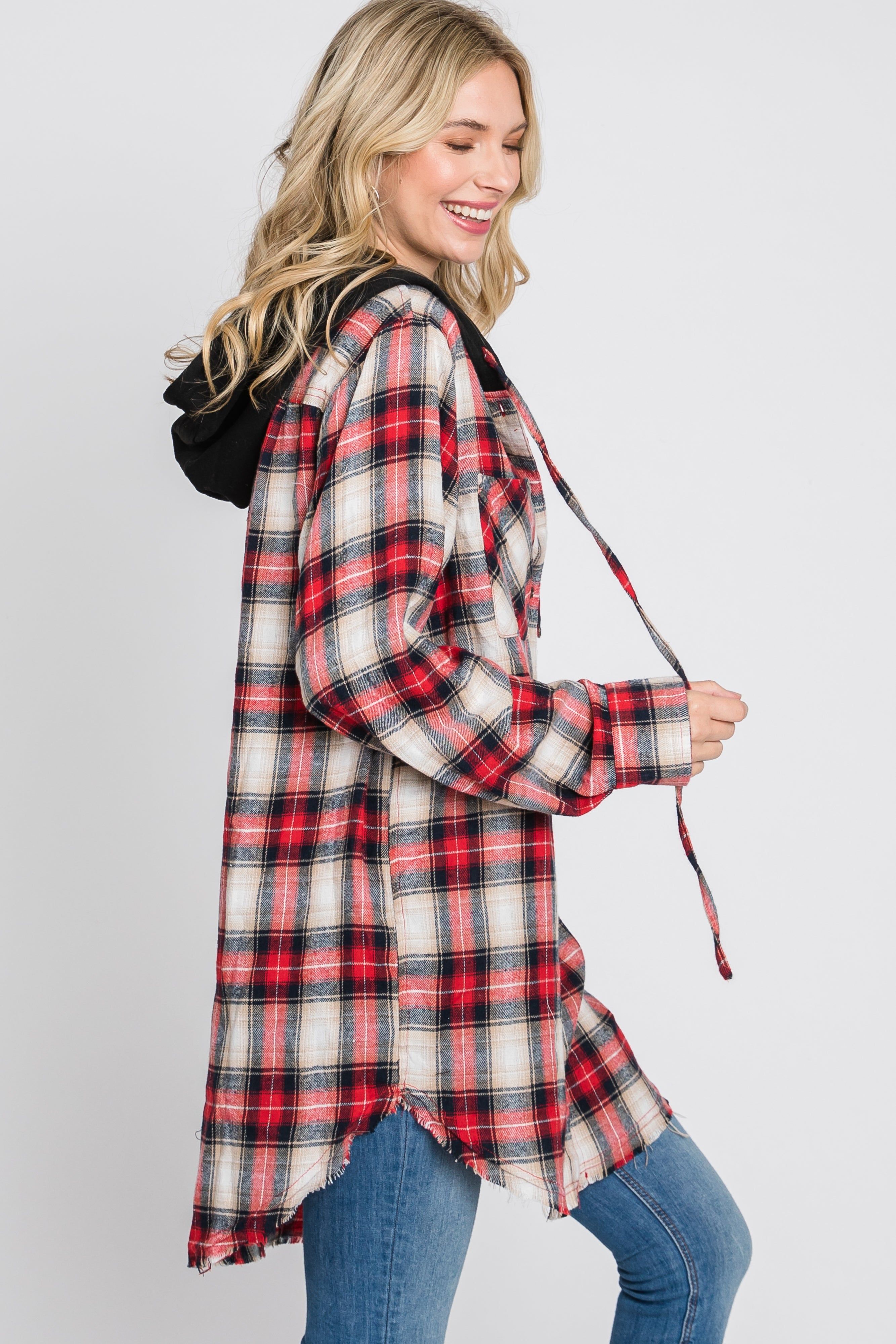 Red Plaid Button Front Fringe Hem Hooded Top sold by Pinkblush product image thumbnail 5