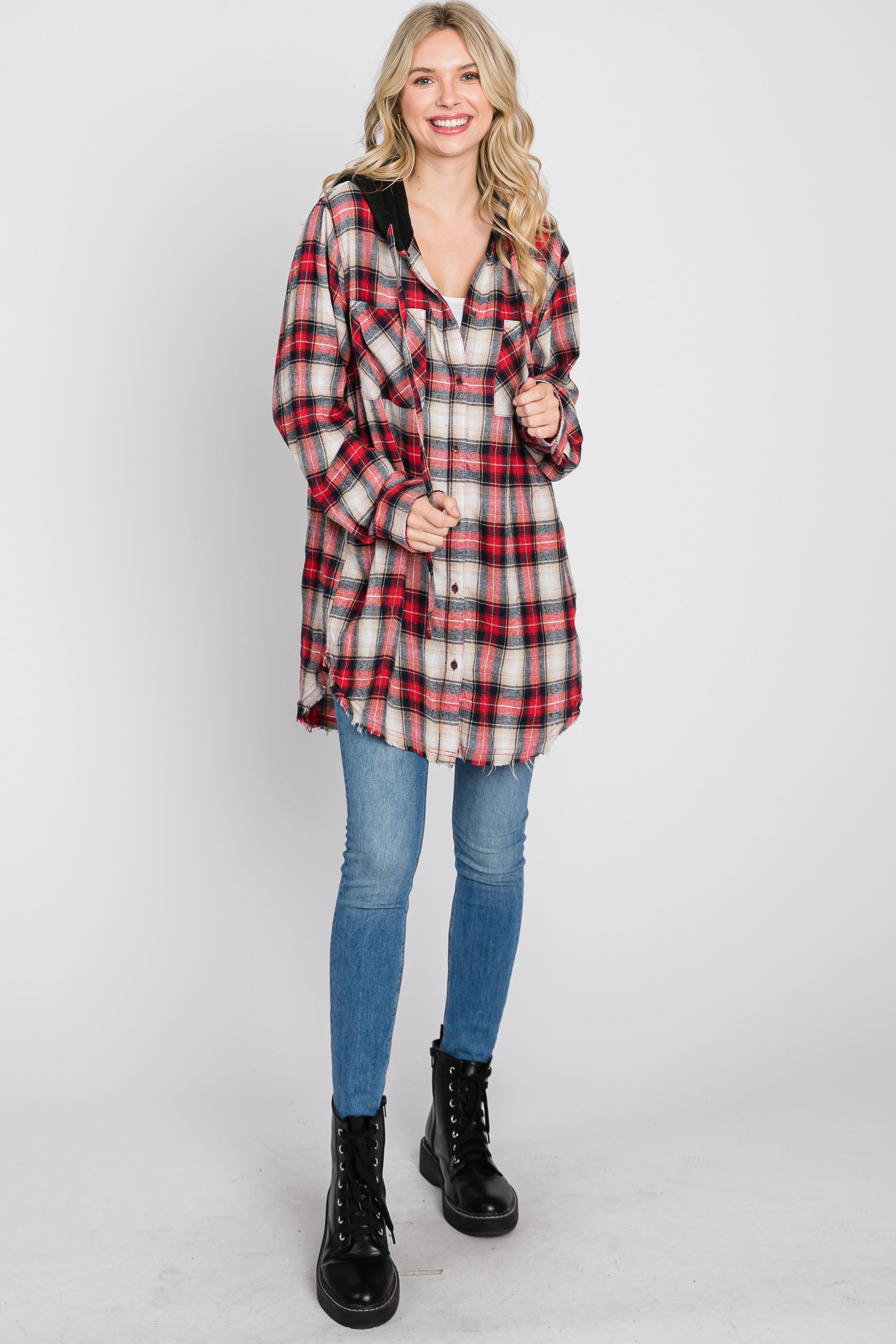 Red Plaid Button Front Fringe Hem Hooded Top sold by Pinkblush product image thumbnail 2