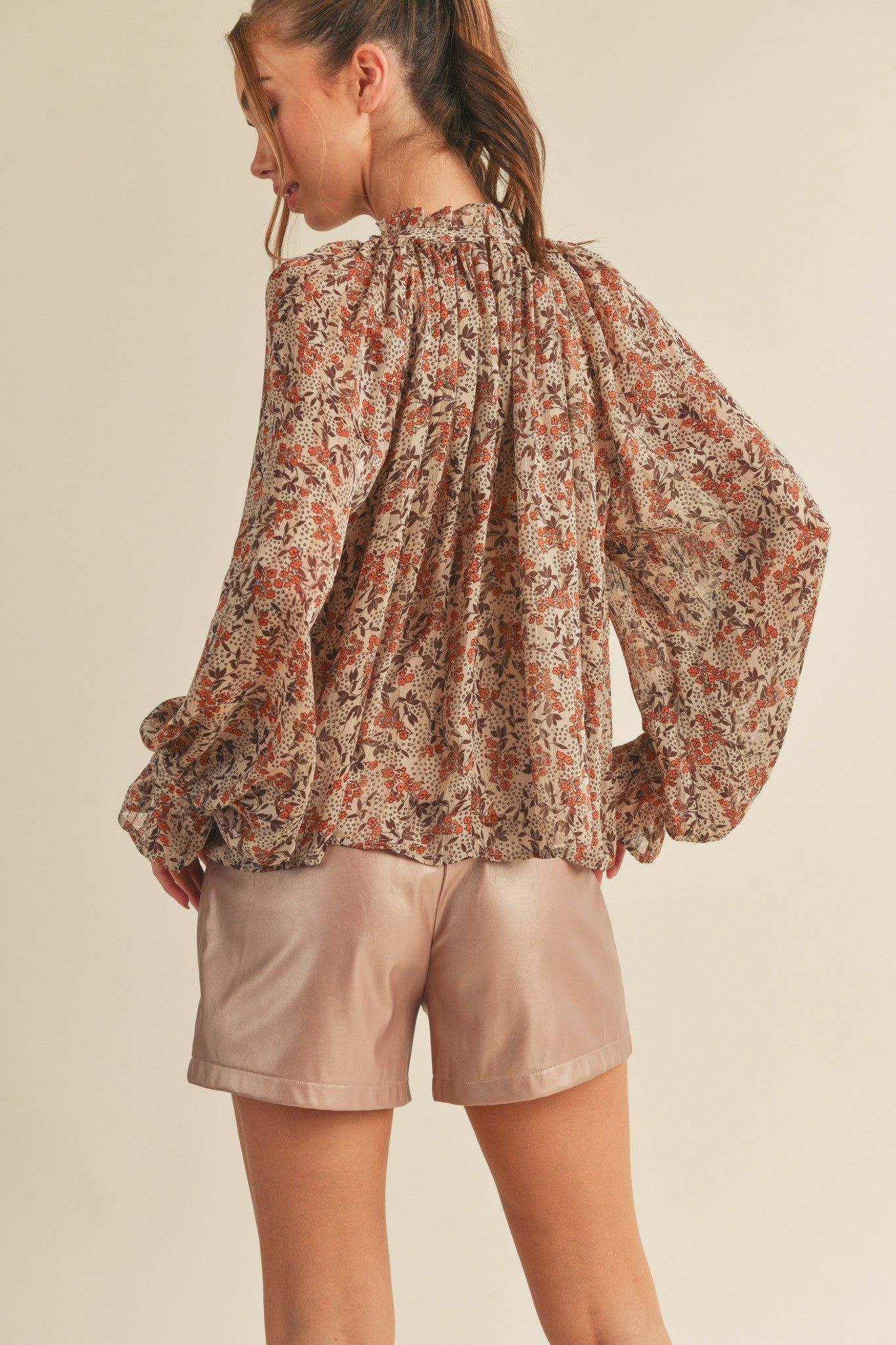 Beige Brown Floral Lurex Balloon Sleeve Top sold by Pinkblush product image thumbnail 3