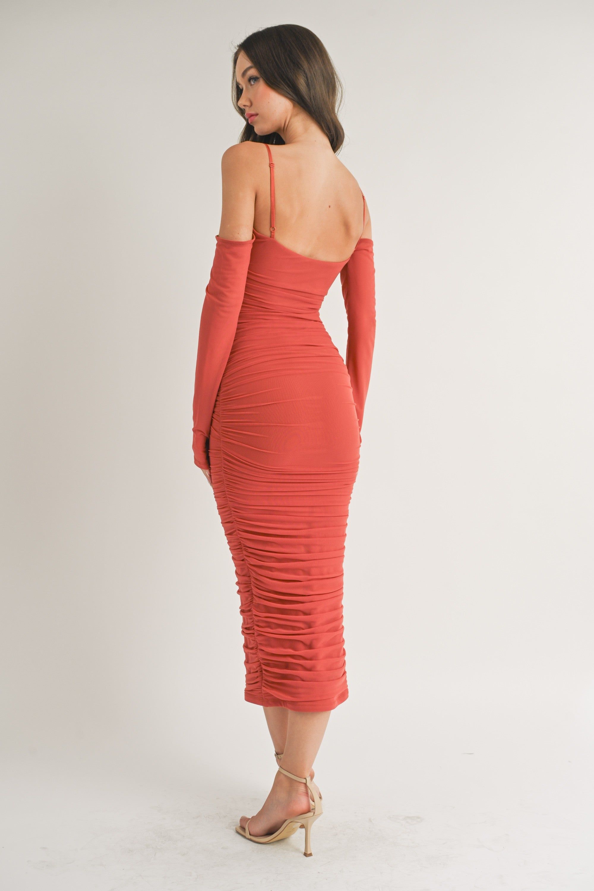 Rust Mesh Ruched Long Sleeve Midi Dress sold by Pinkblush product image thumbnail 2