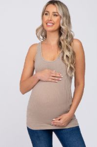 Mocha Ribbed Racerback Maternity Tank Top sold by Pinkblush