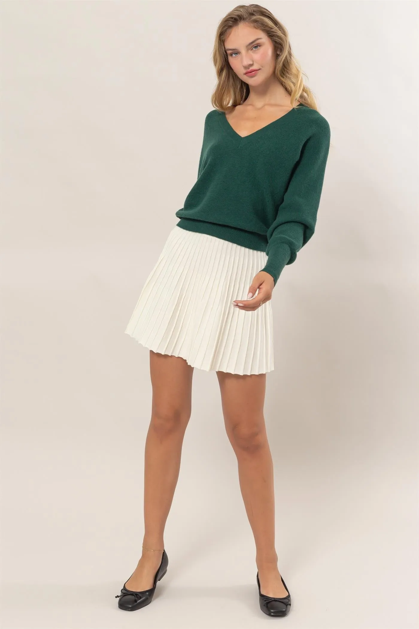 Cream High-Waist Knit Pleated Flare Mini Skirt sold by Pinkblush