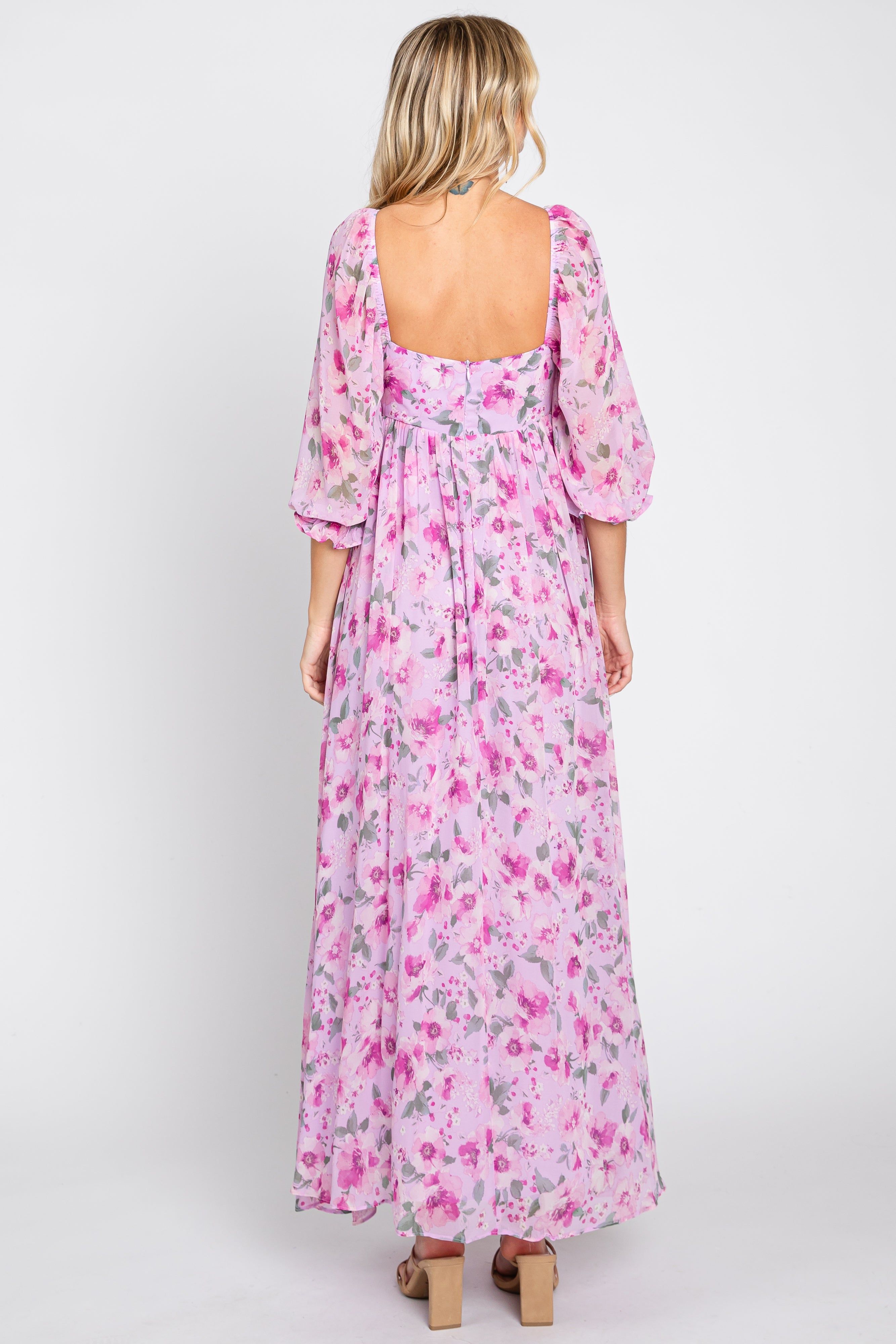 Lavender Floral Chiffon Puff Sleeve Maxi Dress sold by Pinkblush product image thumbnail 3