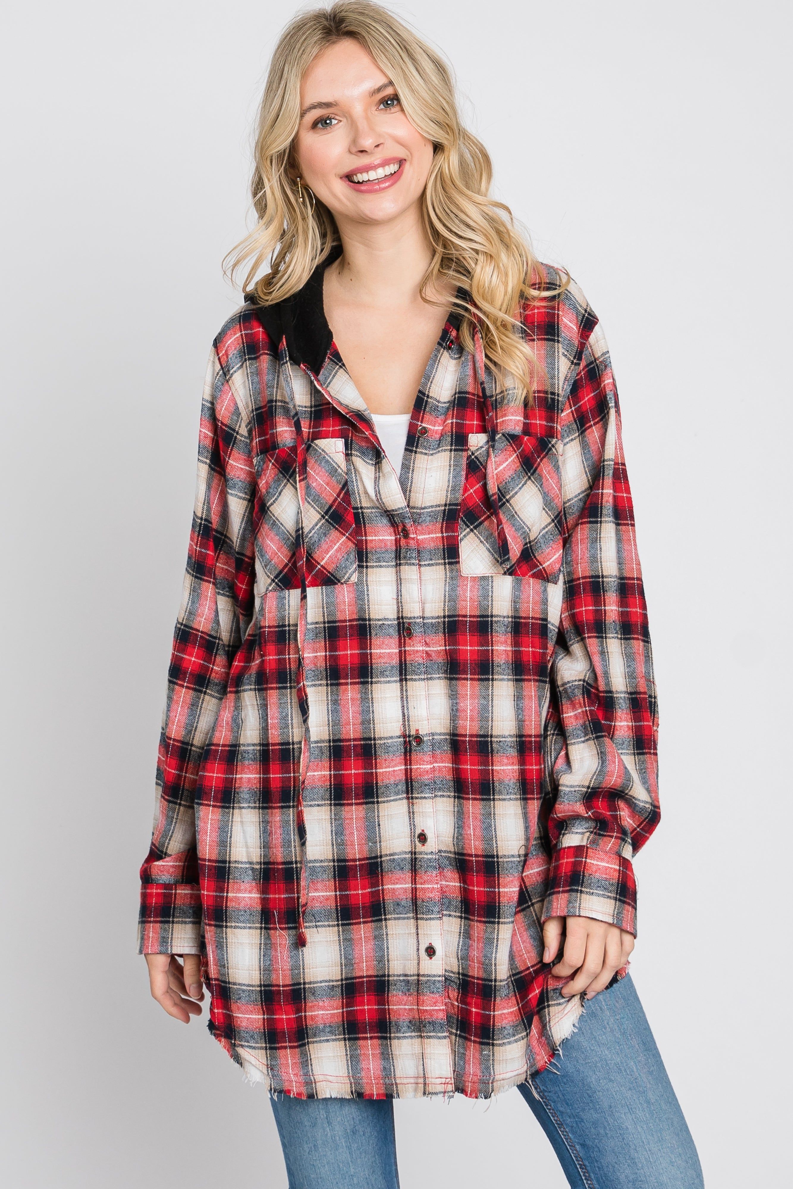 Red Plaid Button Front Fringe Hem Hooded Top sold by Pinkblush product image thumbnail 3