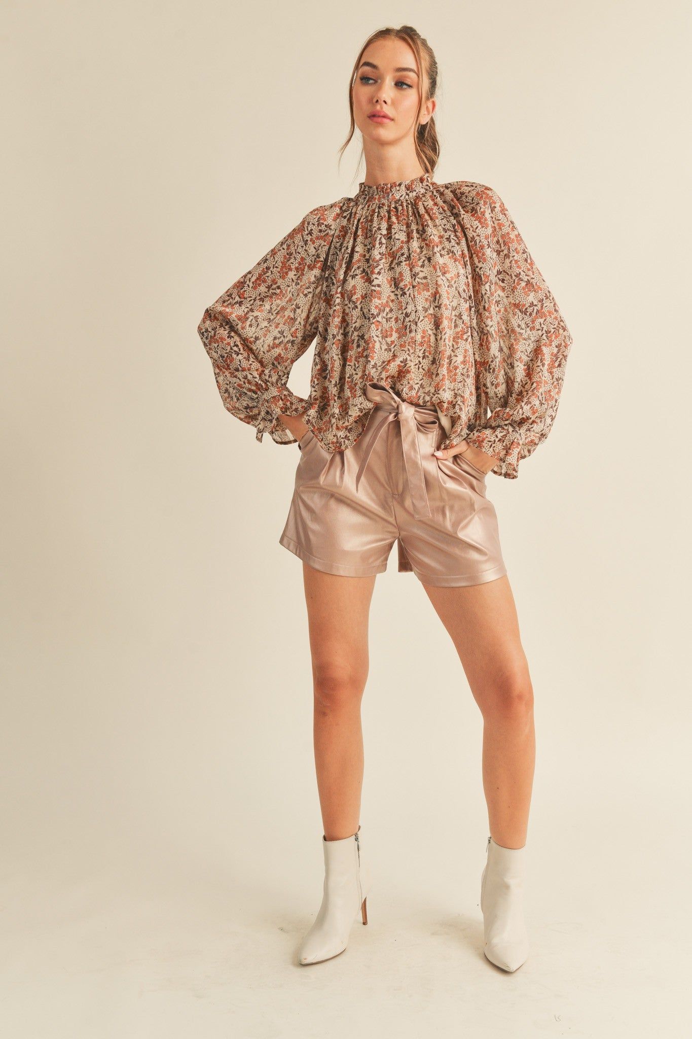 Beige Brown Floral Lurex Balloon Sleeve Top sold by Pinkblush product image thumbnail 4