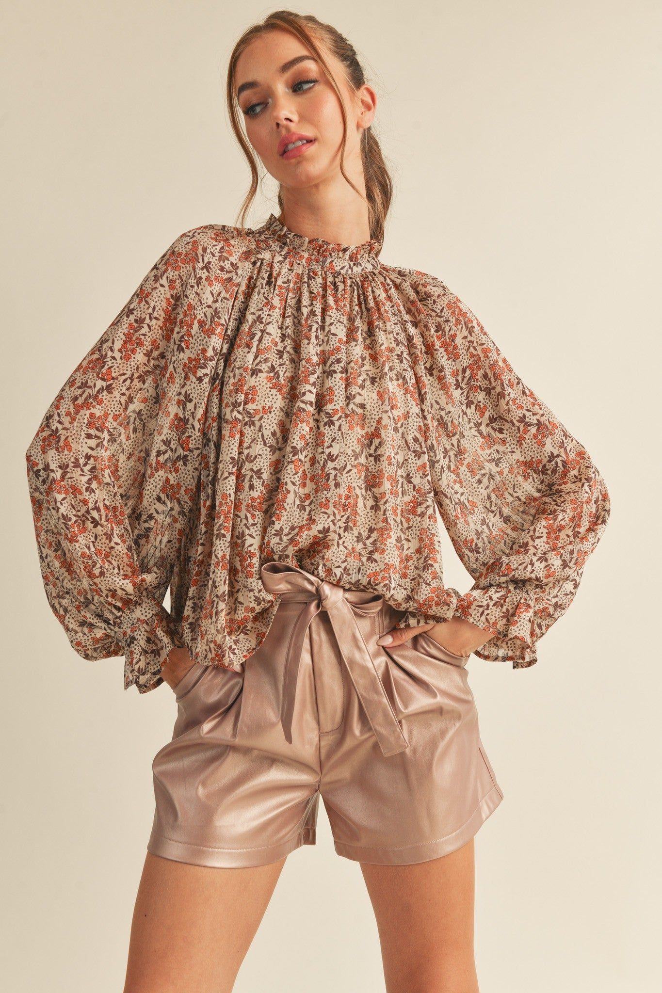 Beige Brown Floral Lurex Balloon Sleeve Top sold by Pinkblush
