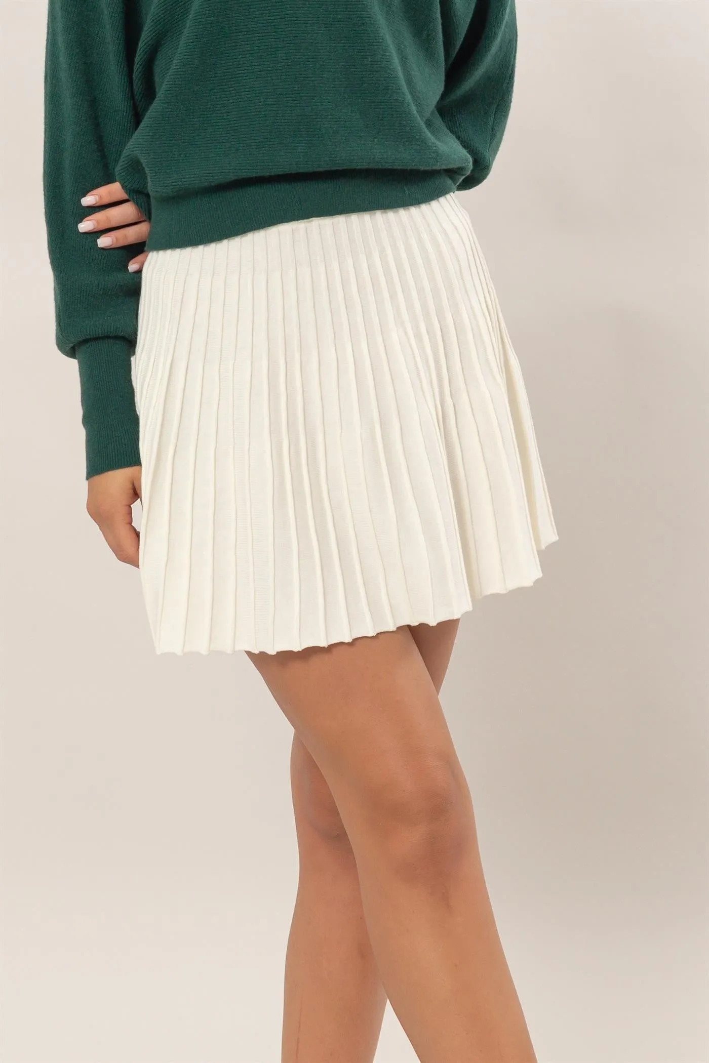 Cream High-Waist Knit Pleated Flare Mini Skirt sold by Pinkblush product image thumbnail 2