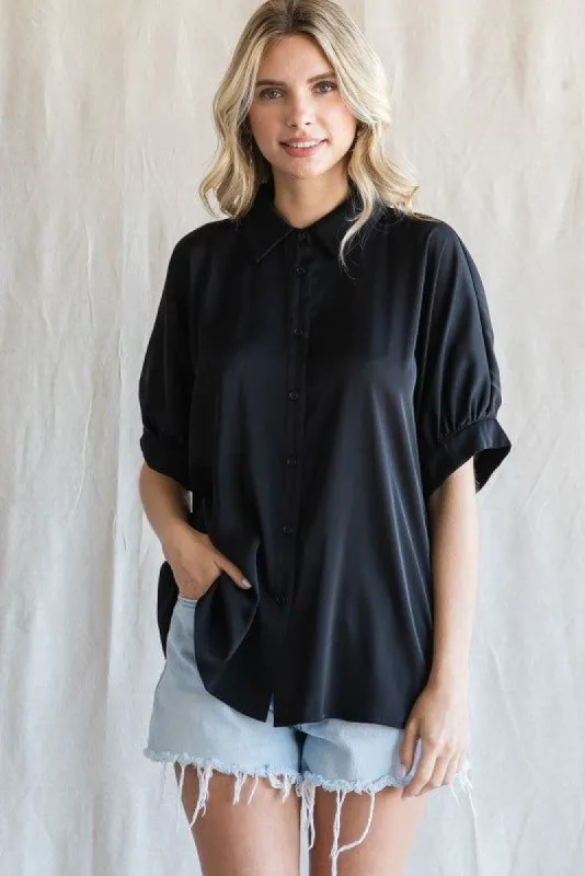 Black Satin Button Up Top sold by Pinkblush