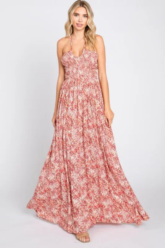 Red Smocked Halter Midi Dress sold by Pinkblush