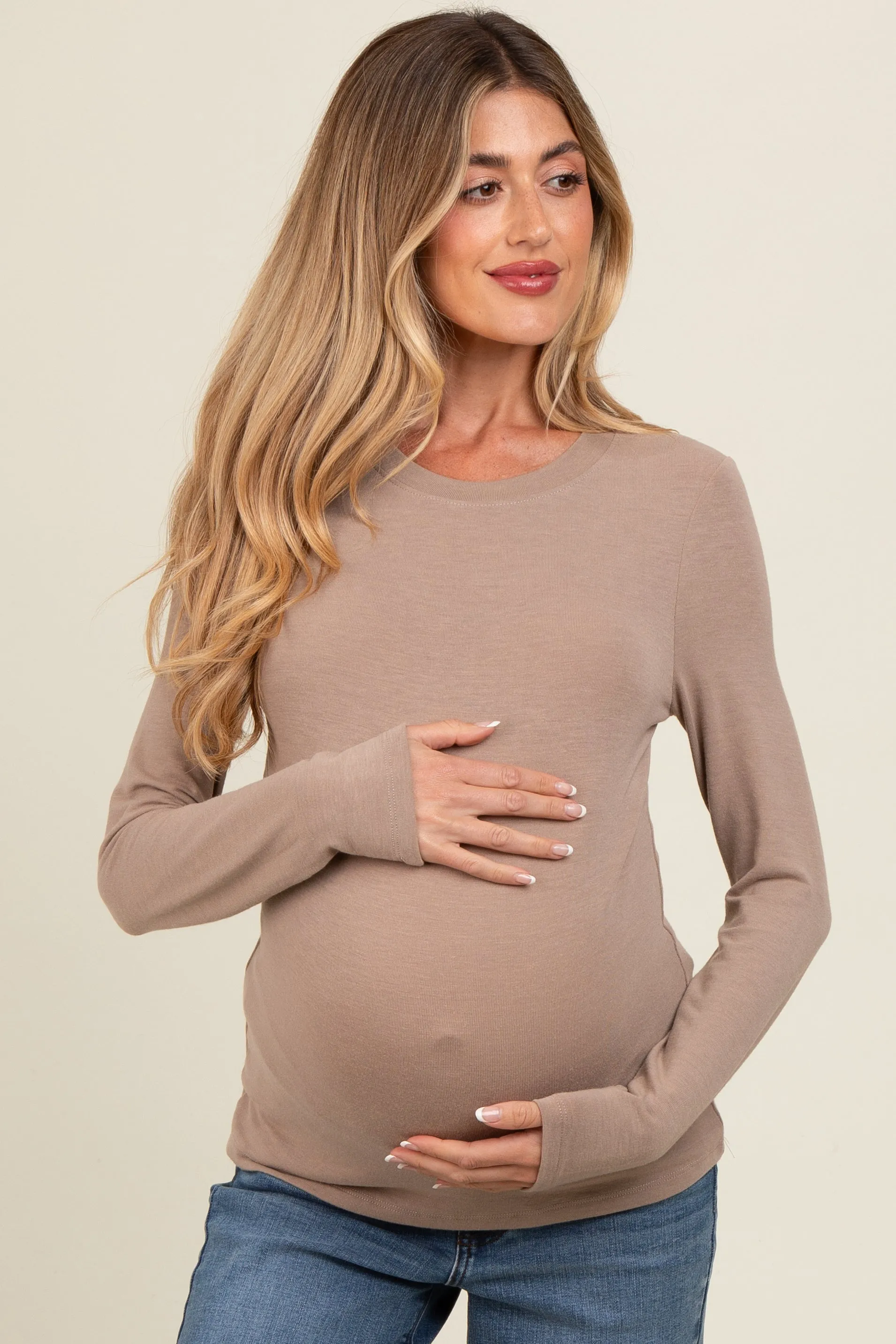 Mocha Basic Fitted Maternity Long Sleeve Top sold by Pinkblush