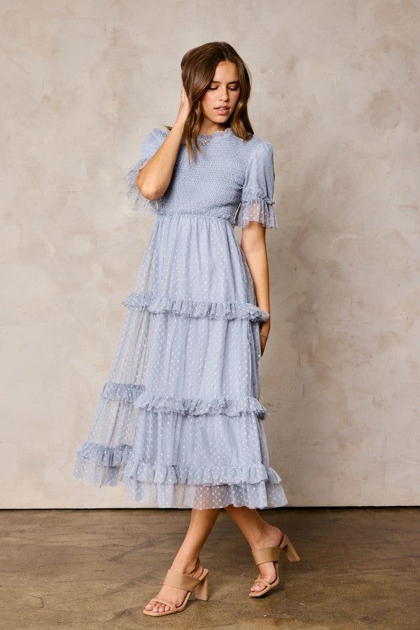 Light Blue Polka Dot Tulle Smocked Midi Dress sold by Pinkblush