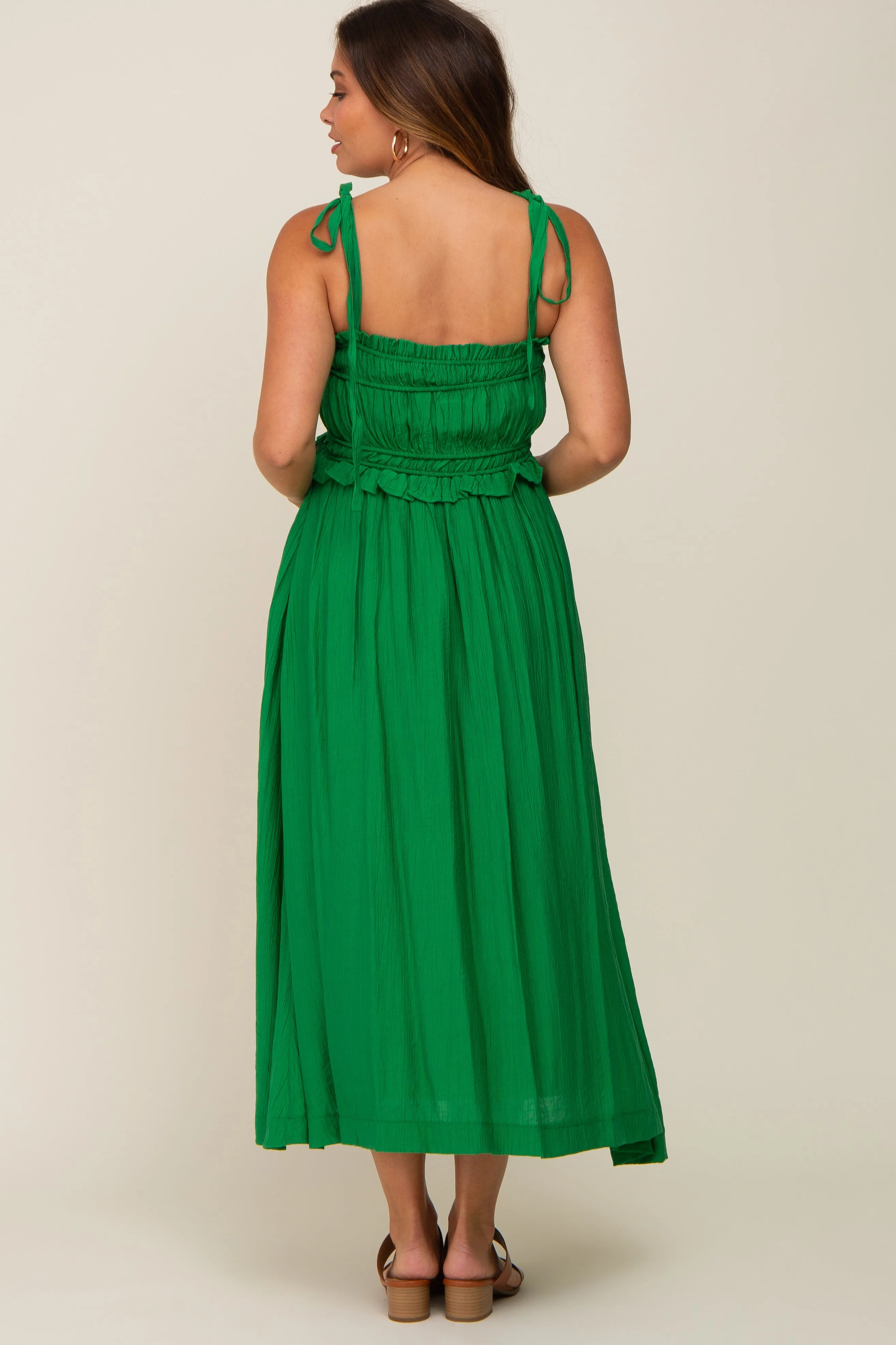 Green Shirred Shoulder Tie Maternity Midi Dress sold by Pinkblush product image thumbnail 2