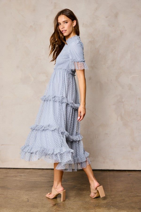 Light Blue Polka Dot Tulle Smocked Midi Dress sold by Pinkblush product image thumbnail 2