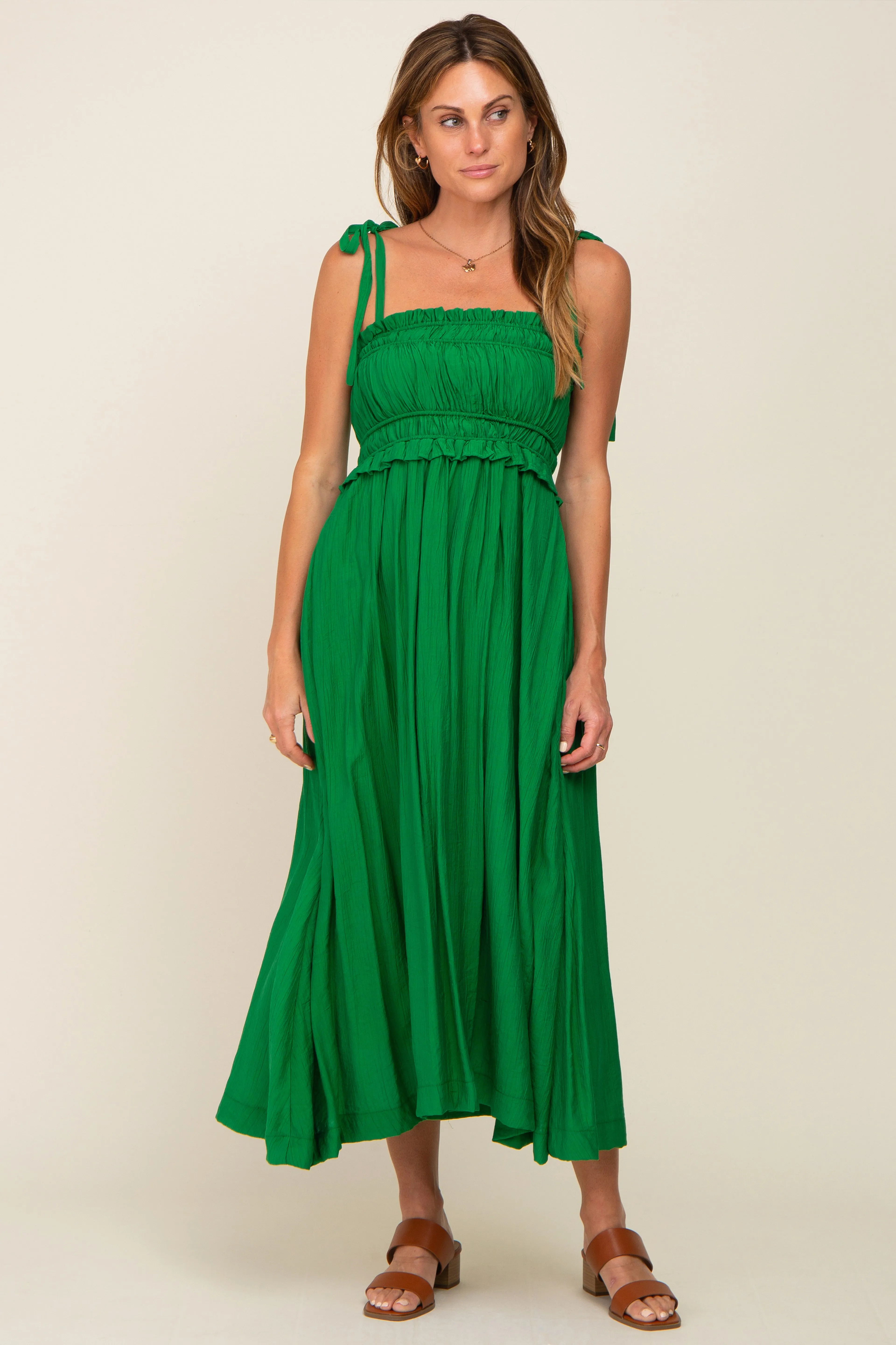 Green Shirred Shoulder Tie Maternity Midi Dress sold by Pinkblush product image thumbnail 3