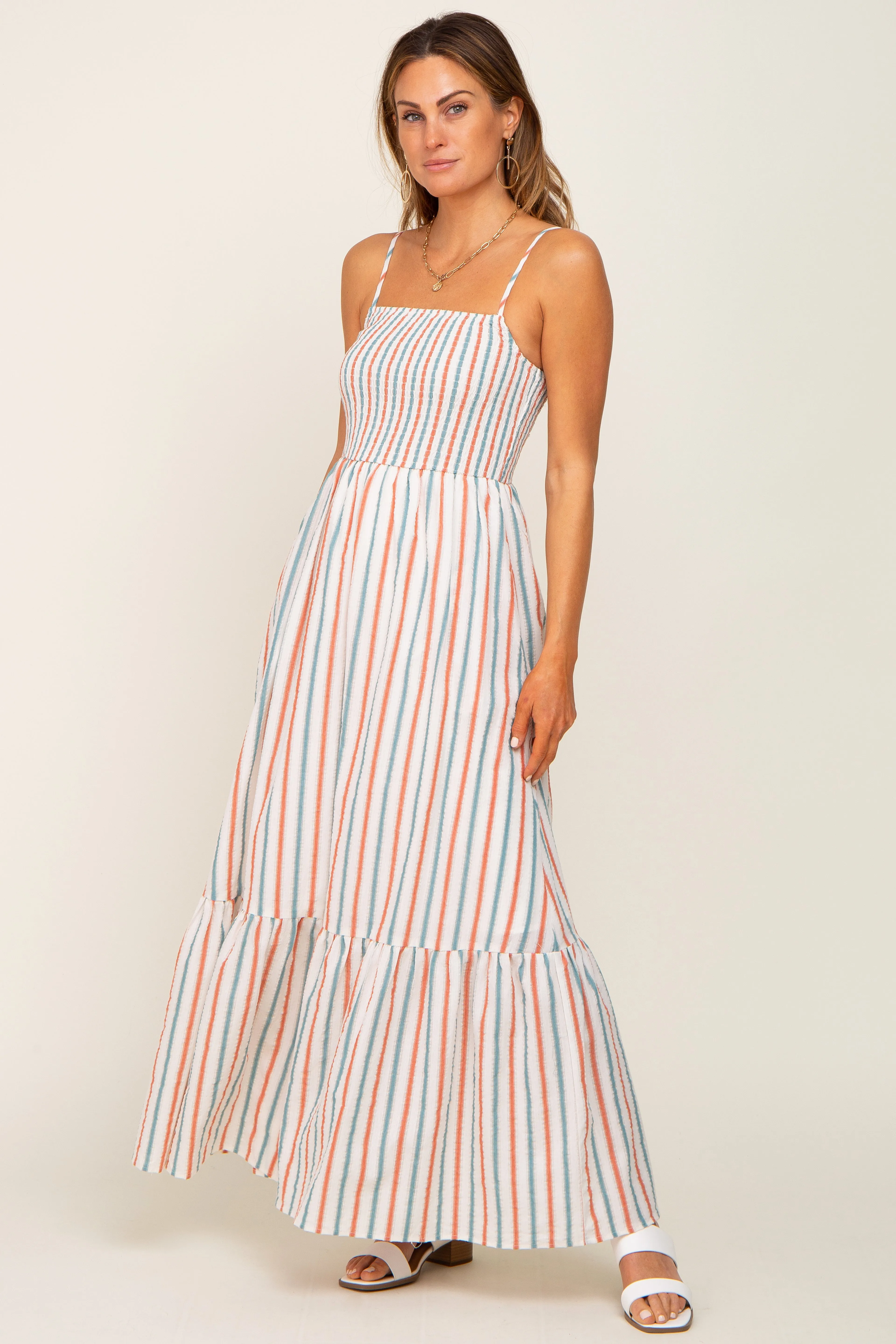 Ivory Striped Smocked Maxi Dress sold by Pinkblush product image thumbnail 4