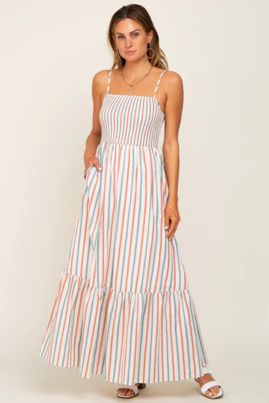Ivory Striped Smocked Maxi Dress sold by Pinkblush