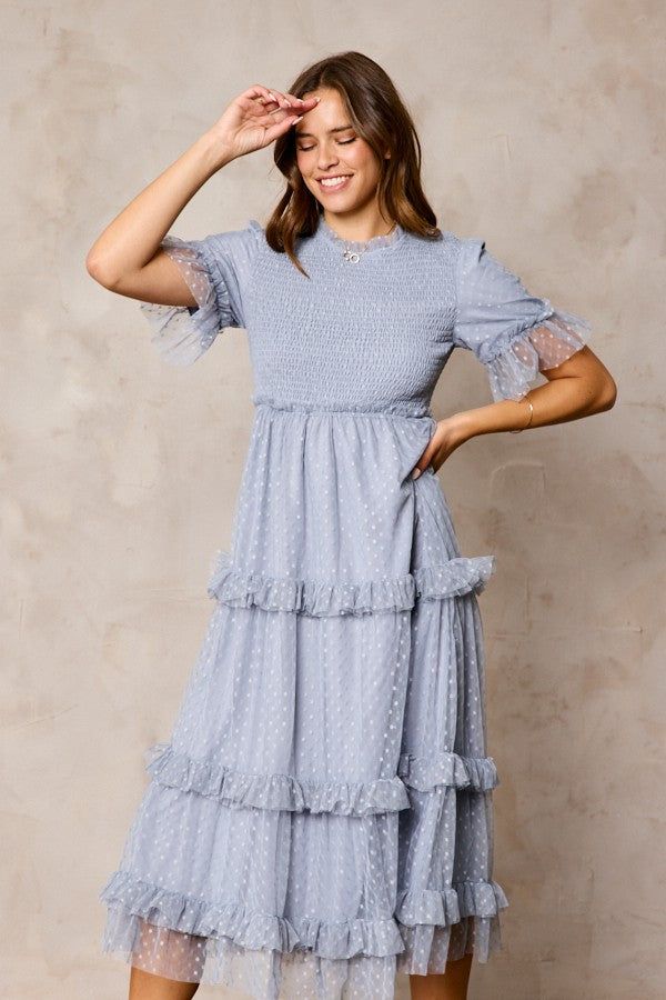 Light Blue Polka Dot Tulle Smocked Midi Dress sold by Pinkblush product image thumbnail 3