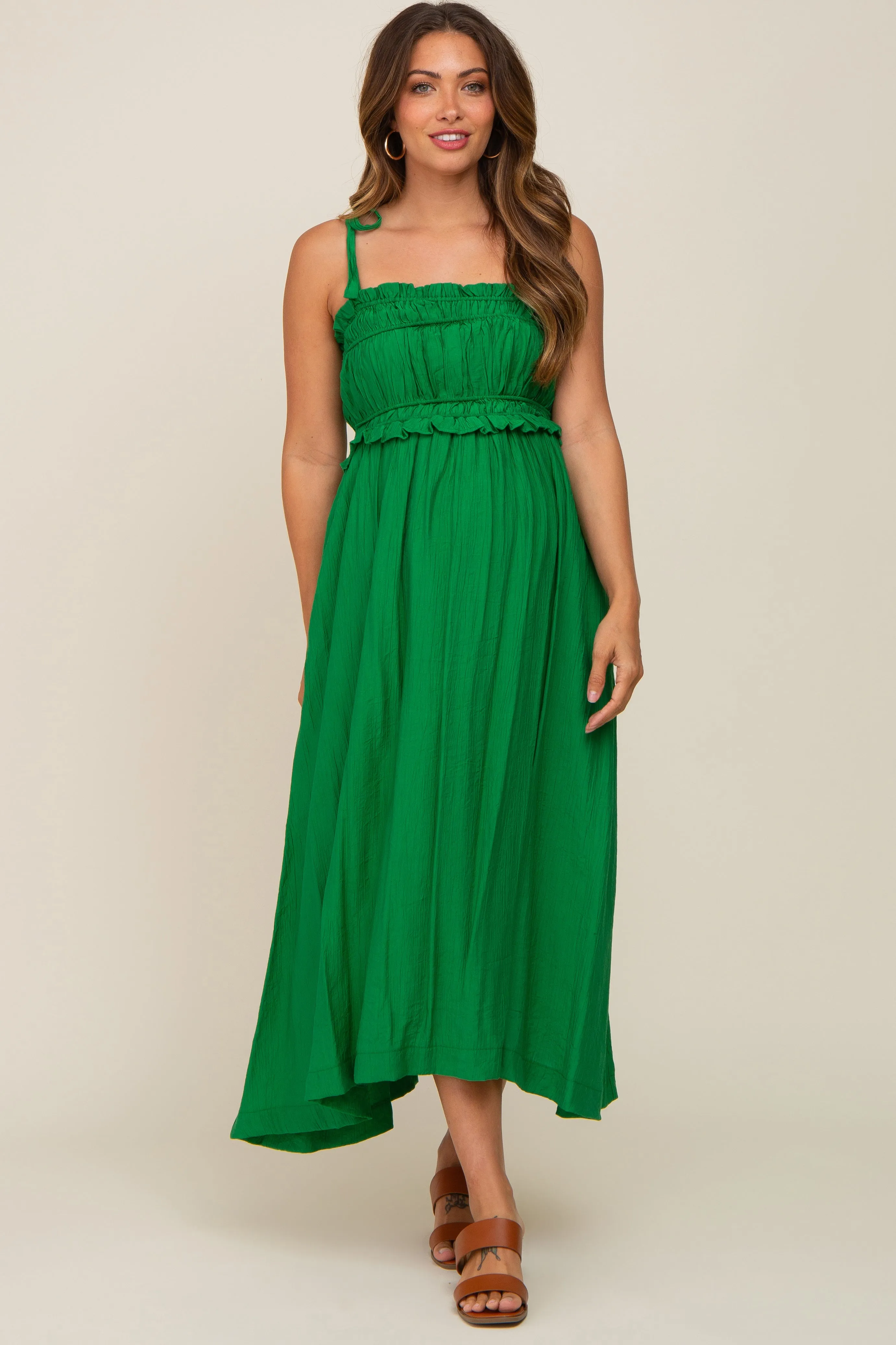 Green Shirred Shoulder Tie Maternity Midi Dress sold by Pinkblush