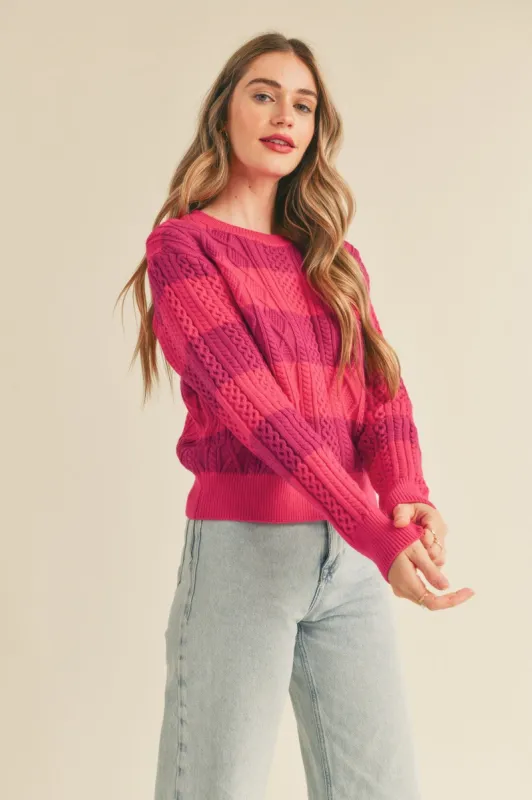 Fuchsia Magenta Striped Cable Knit Sweater sold by Pinkblush