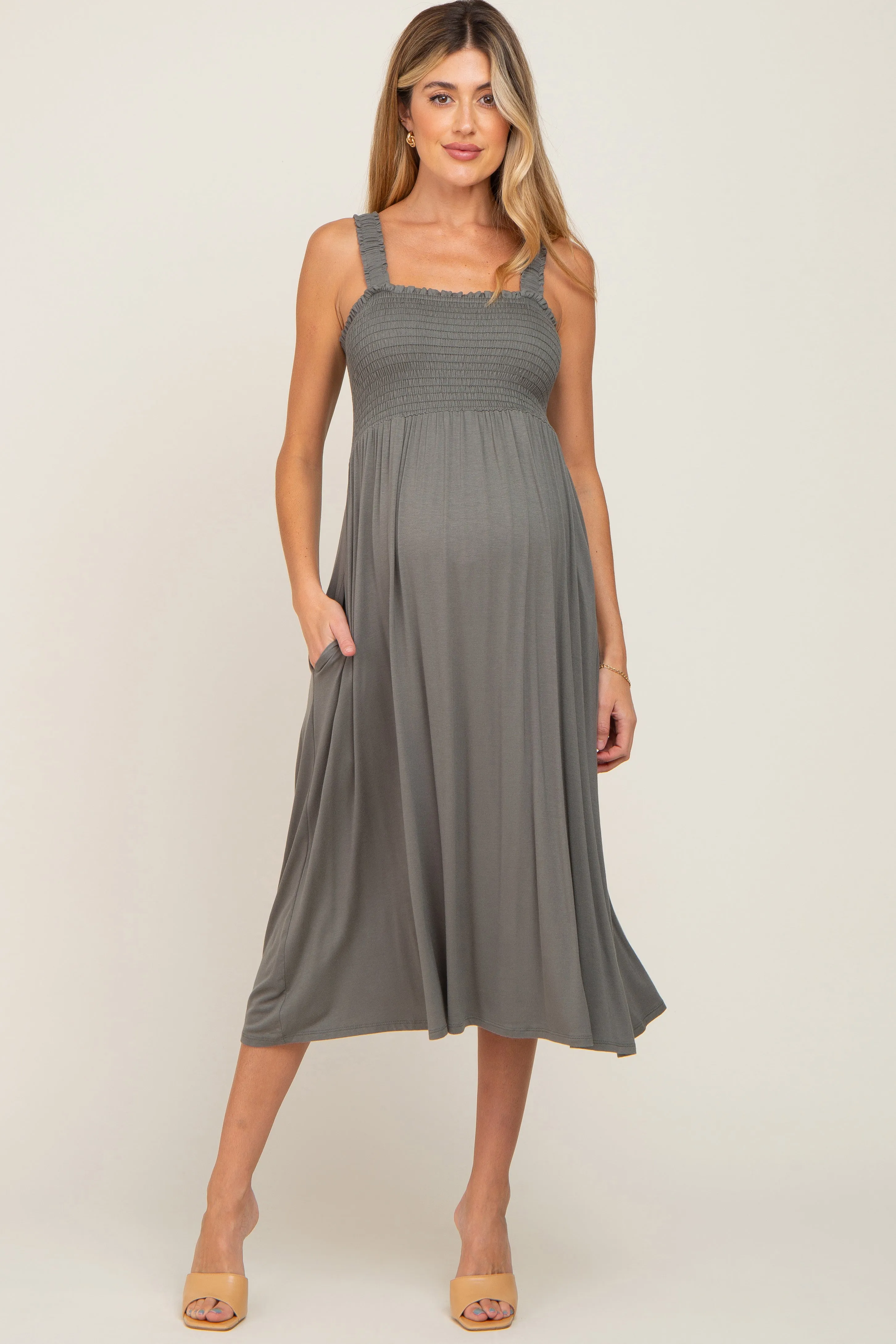 Olive Smocked Ruffle Strap Maternity Midi Dress sold by Pinkblush