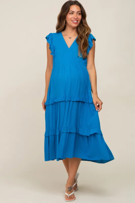 Aqua Ruffle Accent Tiered Maternity Midi Dress sold by Pinkblush