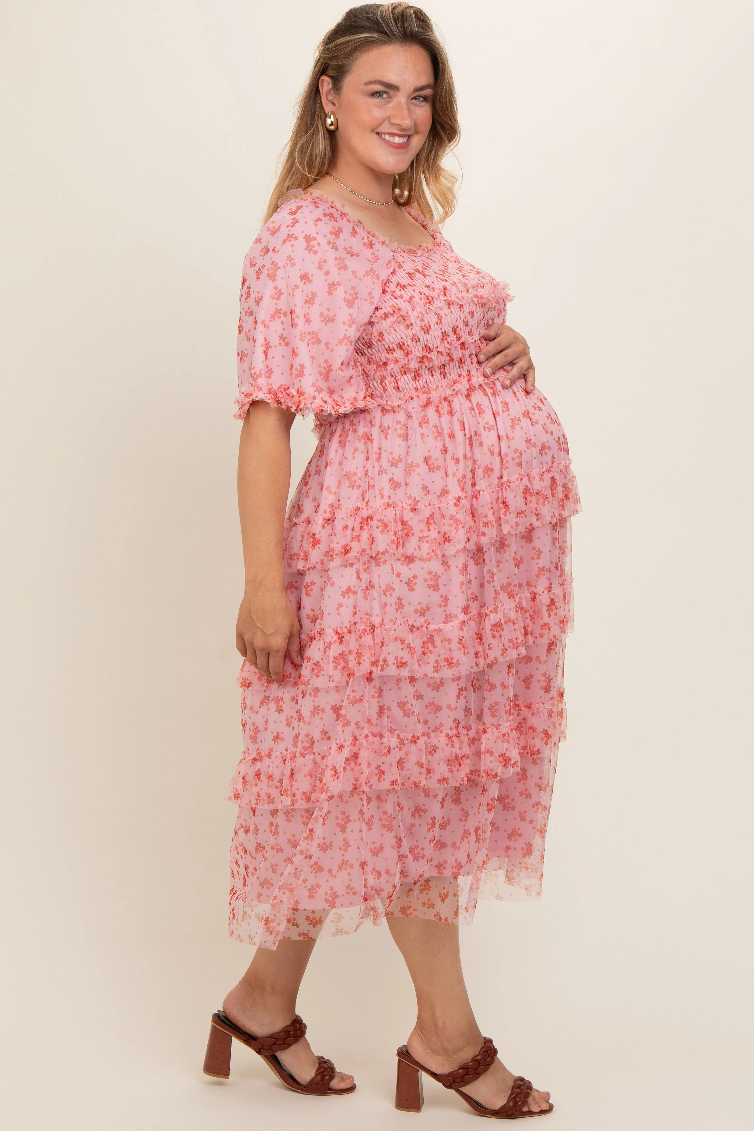 Pink Floral Tulle Smocked Ruffle Tiered Maternity Plus Midi Dress sold by Pinkblush product image thumbnail 3