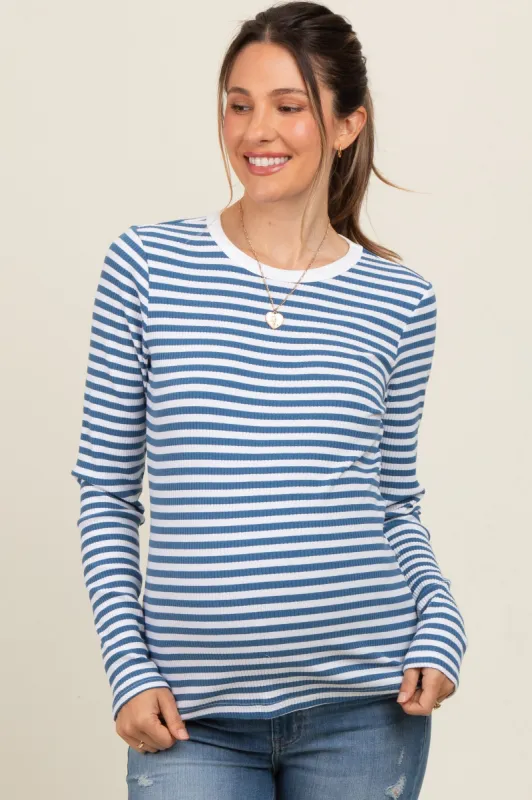 Blue Striped Long Sleeve Ribbed Maternity Top sold by Pinkblush
