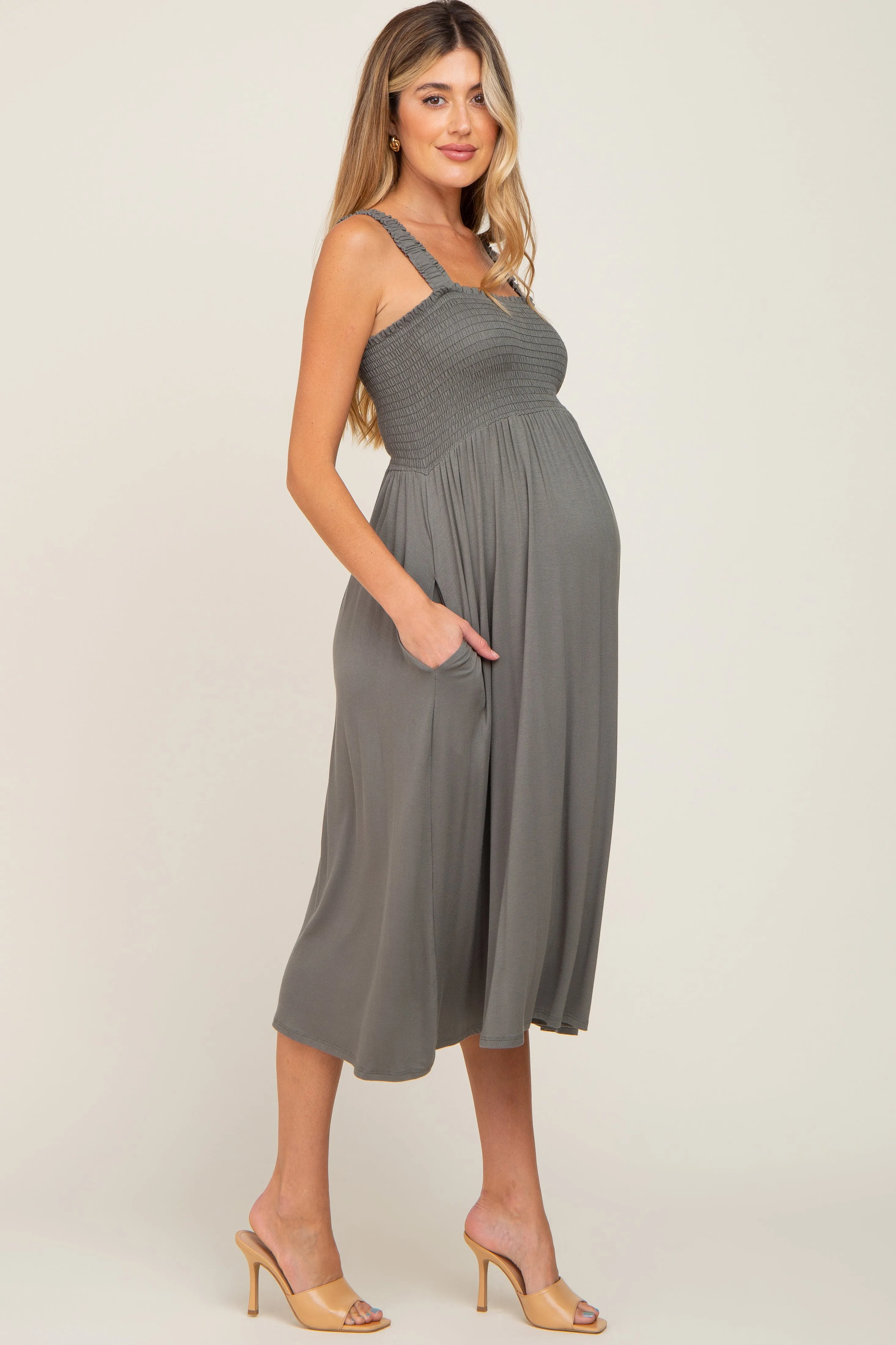 Olive Smocked Ruffle Strap Maternity Midi Dress sold by Pinkblush product image thumbnail 2