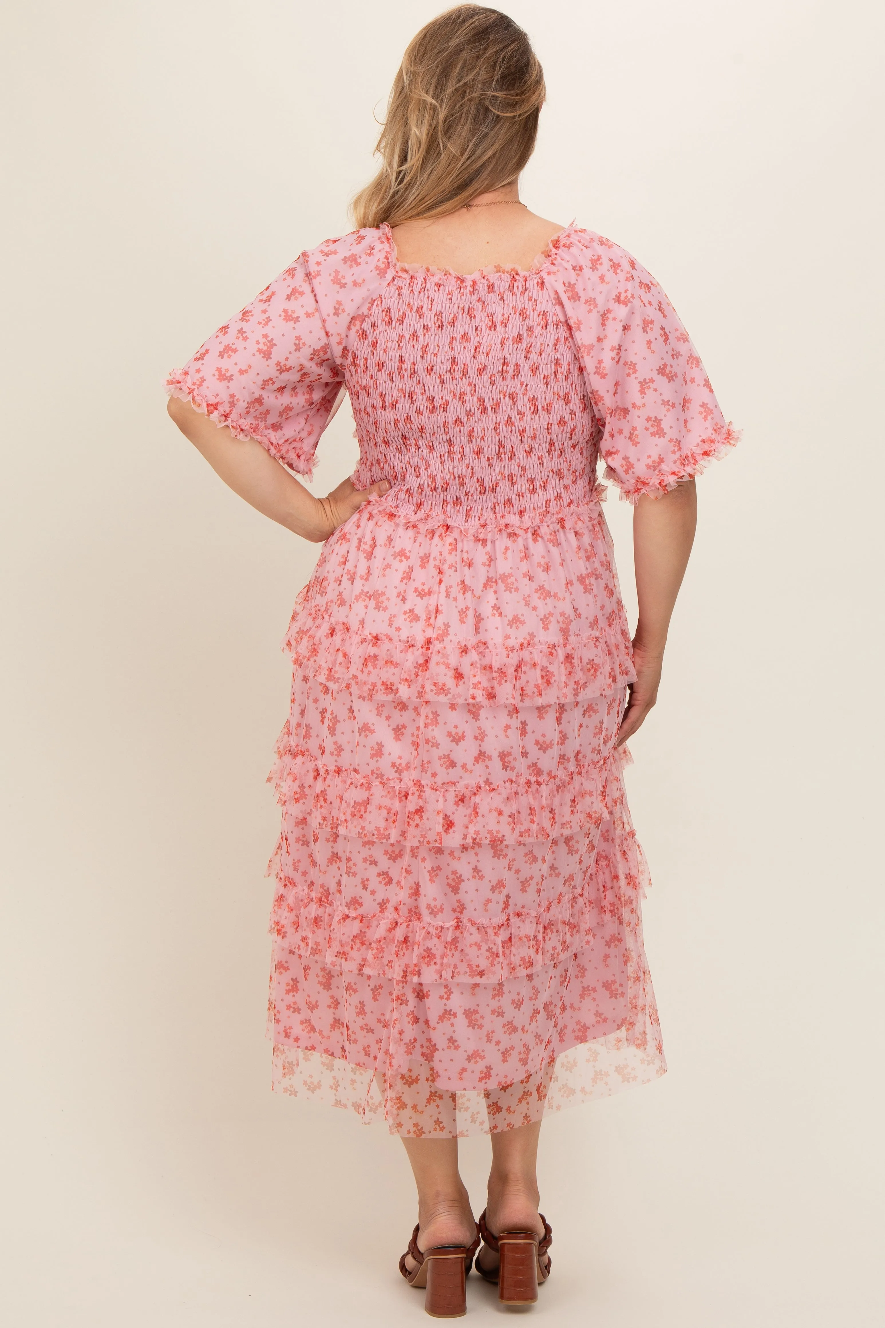 Pink Floral Tulle Smocked Ruffle Tiered Maternity Plus Midi Dress sold by Pinkblush product image thumbnail 4