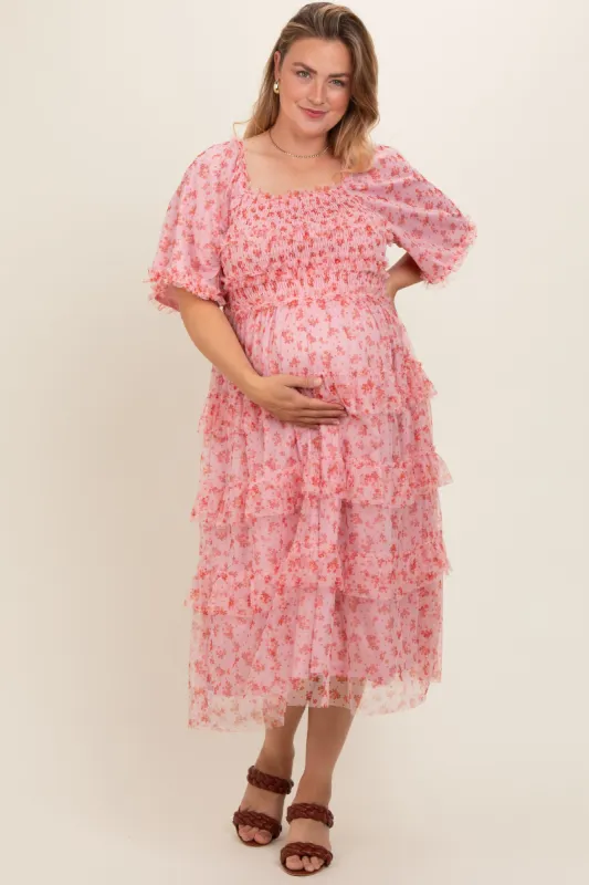 Pink Floral Tulle Smocked Ruffle Tiered Maternity Plus Midi Dress sold by Pinkblush