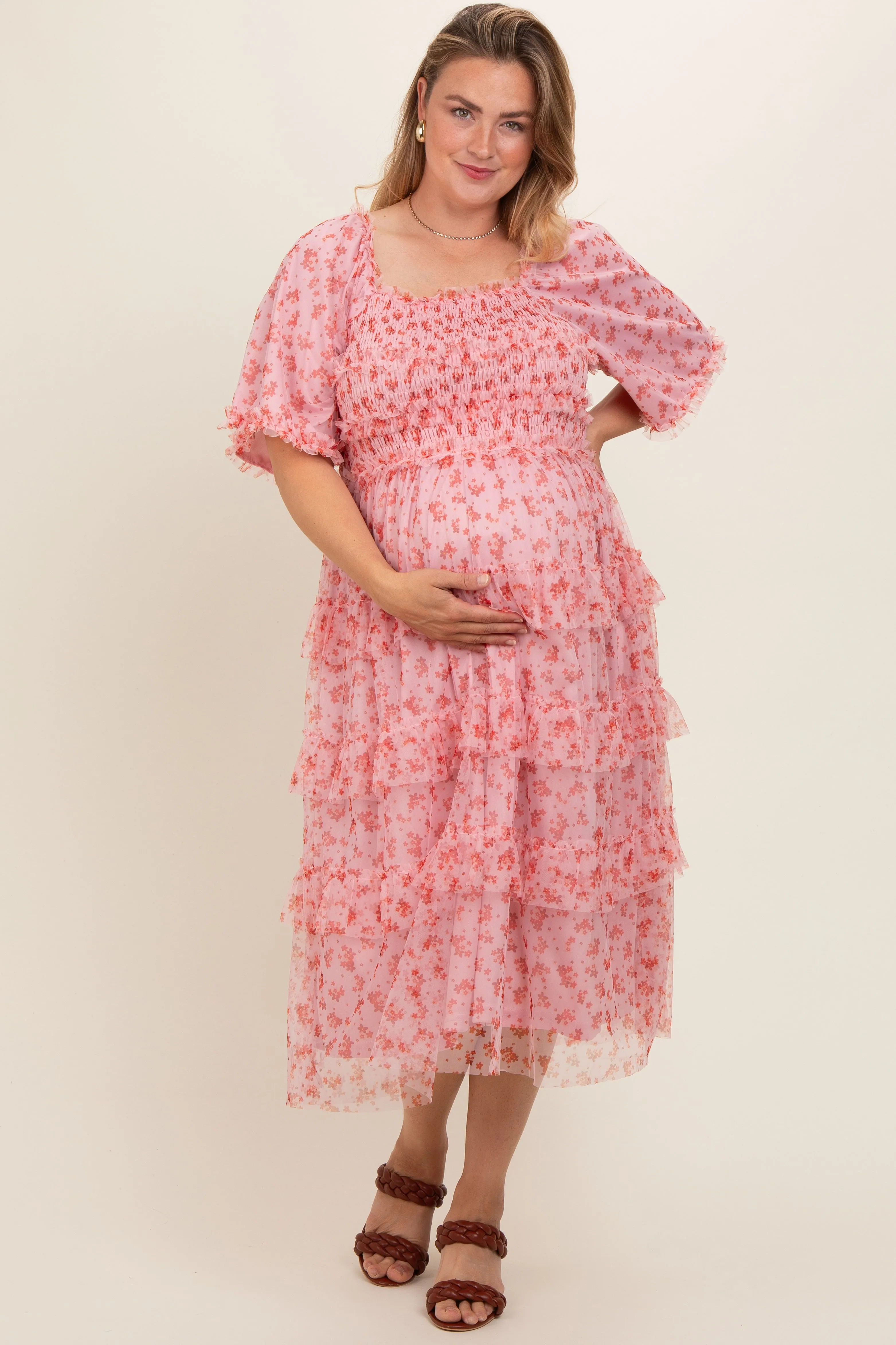 Pink Floral Tulle Smocked Ruffle Tiered Maternity Plus Midi Dress sold by Pinkblush