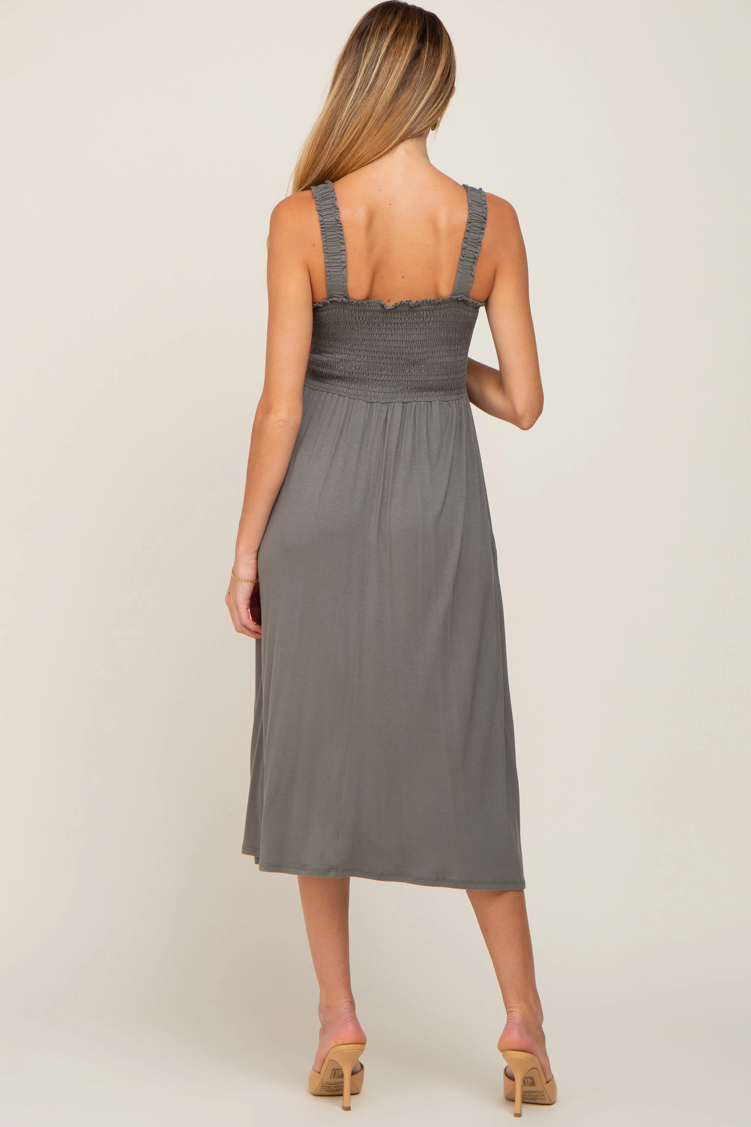 Olive Smocked Ruffle Strap Maternity Midi Dress sold by Pinkblush product image thumbnail 3