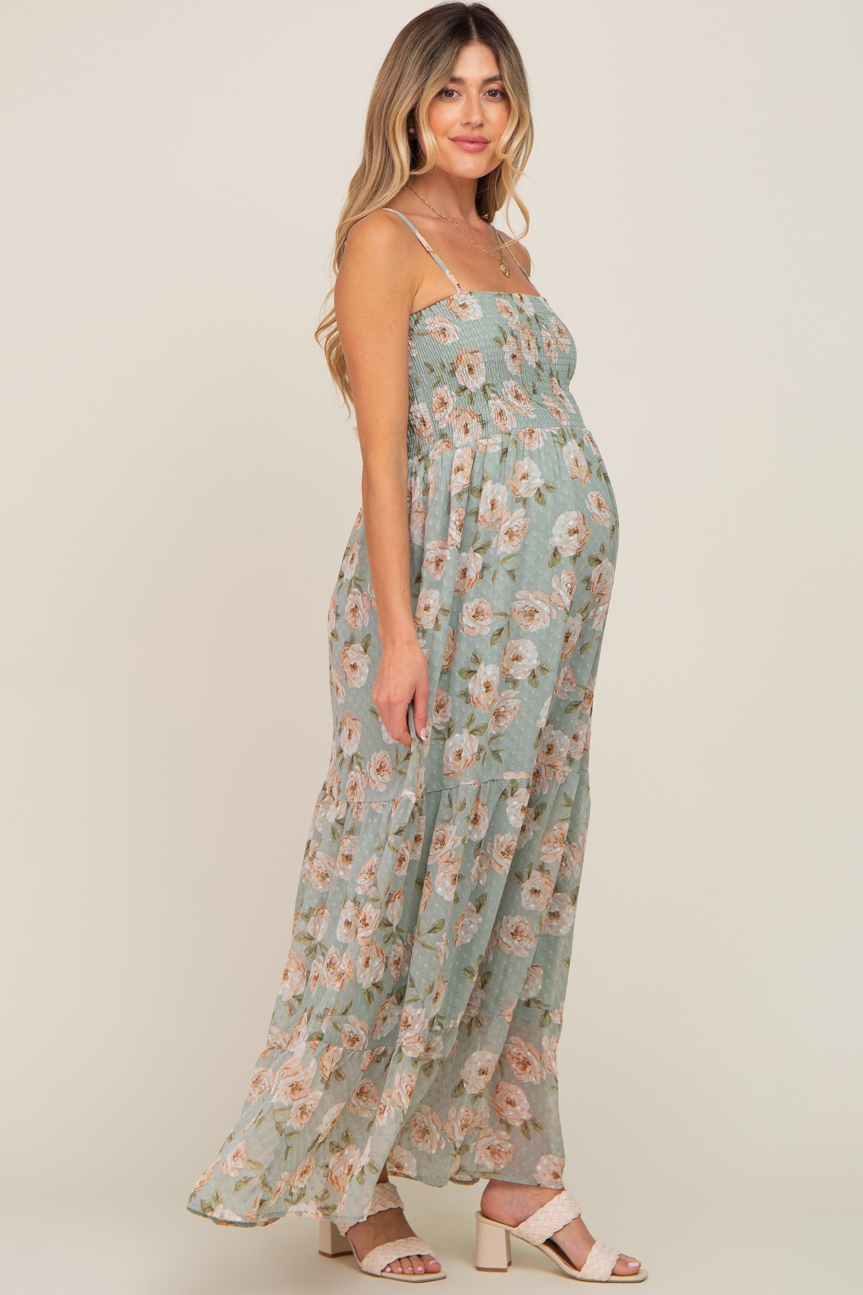 Mint Green Floral Swiss Dot Smocked Maternity Maxi Dress sold by Pinkblush product image thumbnail 2