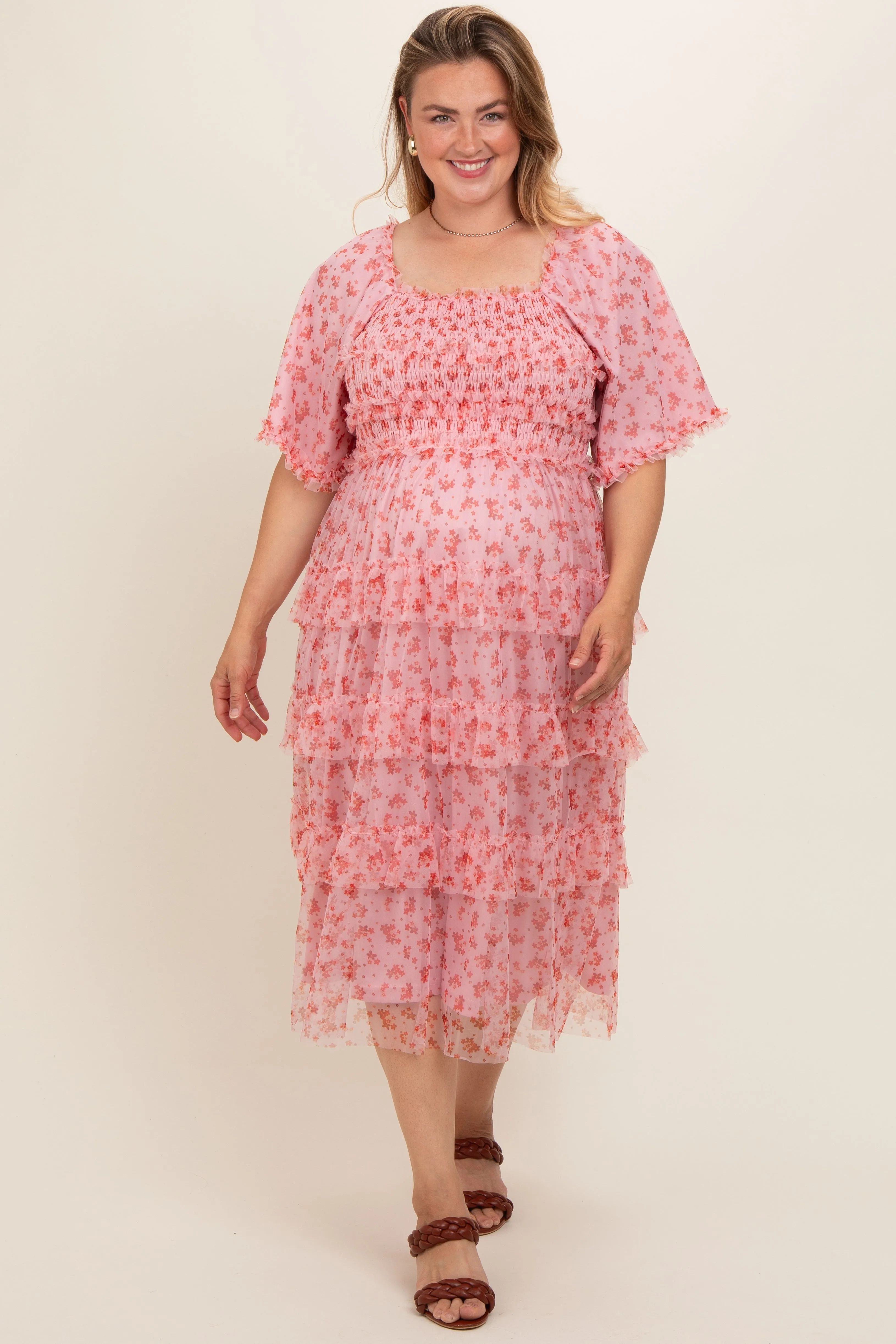 Pink Floral Tulle Smocked Ruffle Tiered Maternity Plus Midi Dress sold by Pinkblush product image thumbnail 2