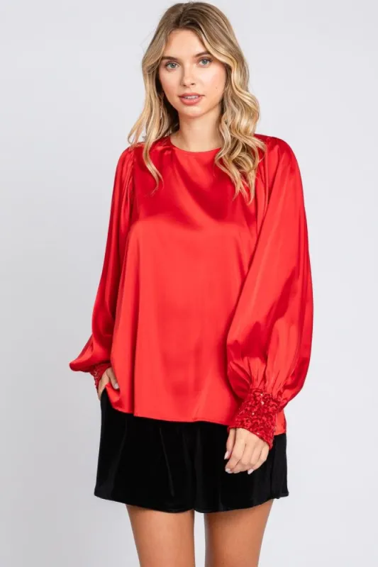 Red Satin Satin Sequin Cuff Blouse sold by Pinkblush