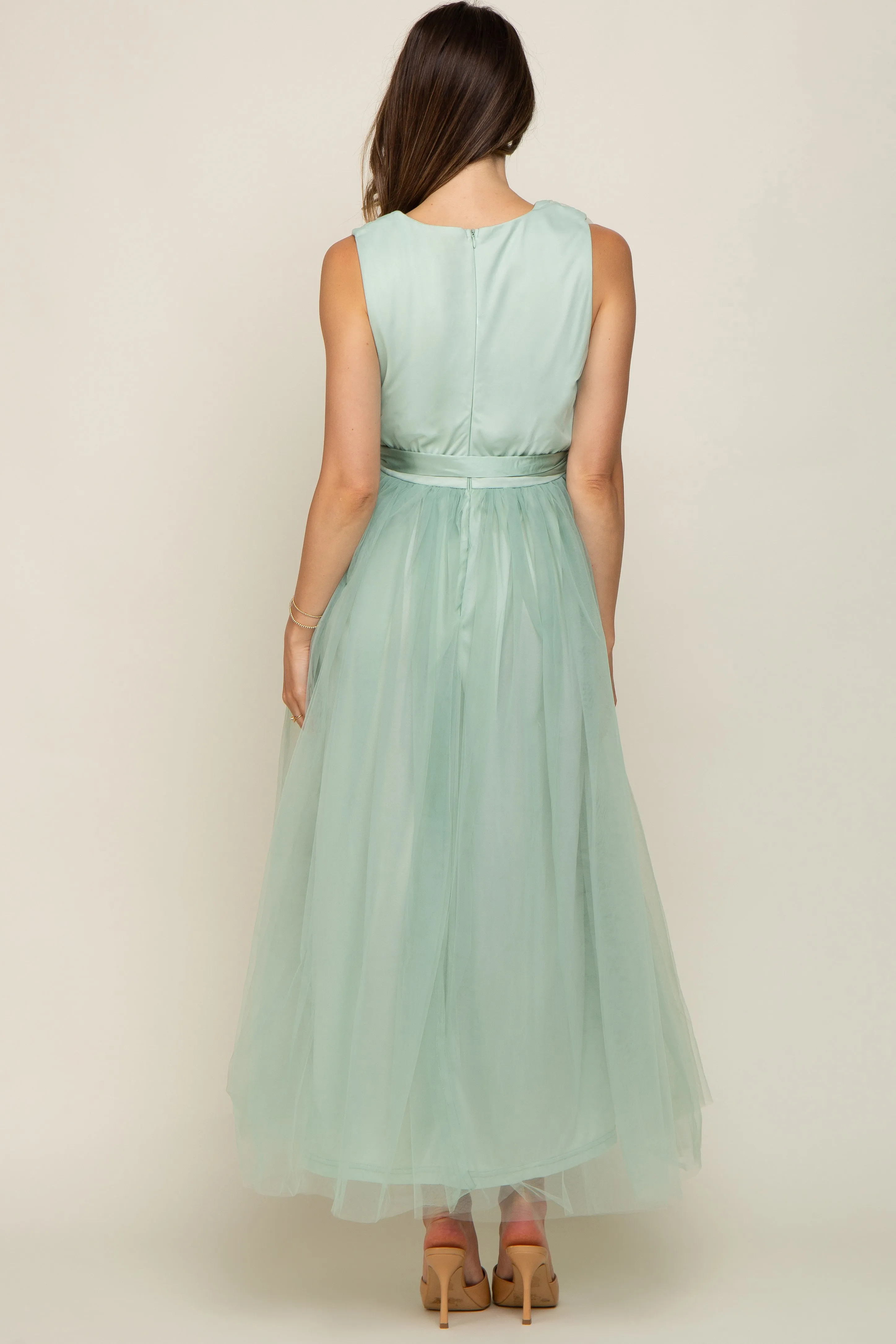 Mint Green Wrap V-Neck Waist Tie Tulle Maternity Midi Dress sold by Pinkblush product image thumbnail 4
