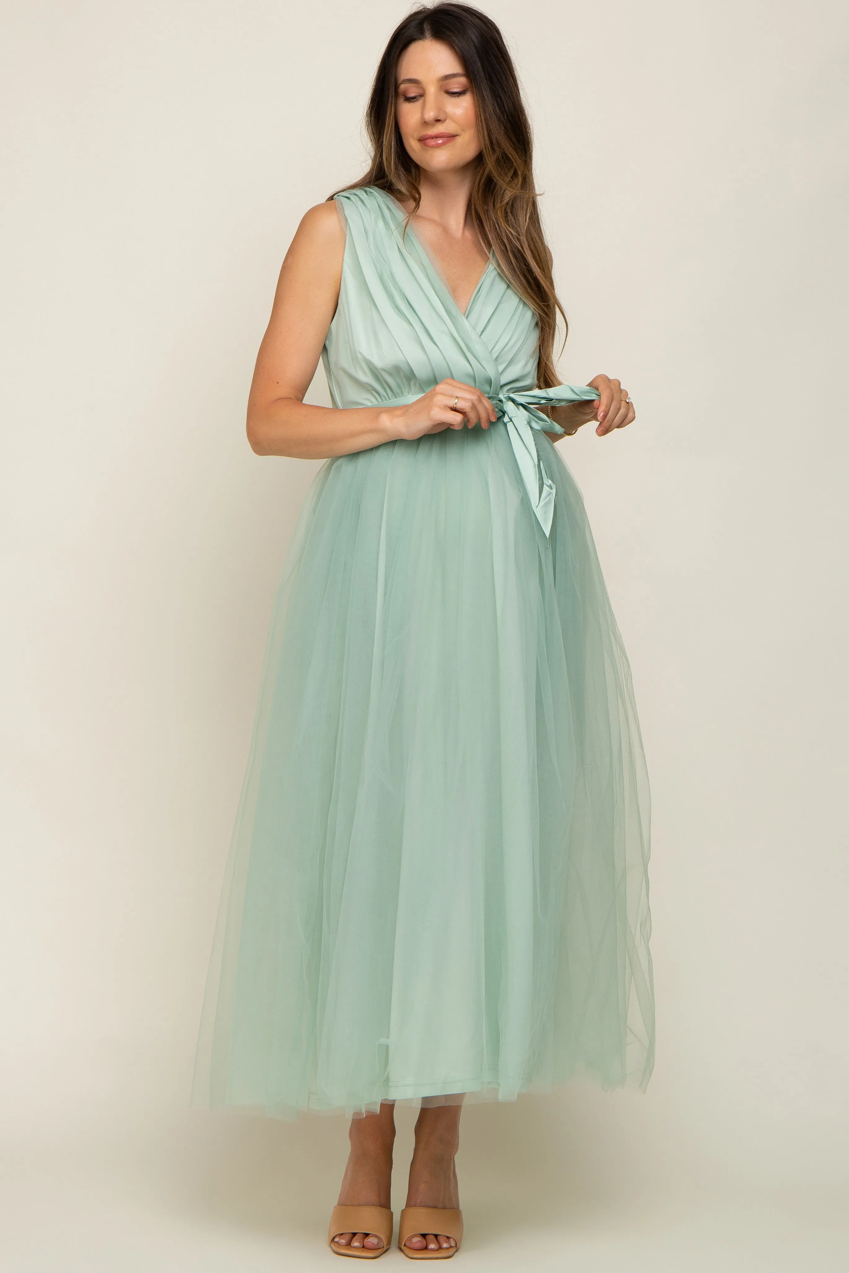 Mint Green Wrap V-Neck Waist Tie Tulle Maternity Midi Dress sold by Pinkblush