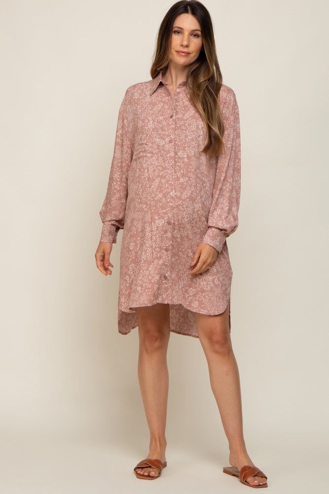 Mauve Floral Button Up Long Sleeve Maternity Dress sold by Pinkblush product image thumbnail 4