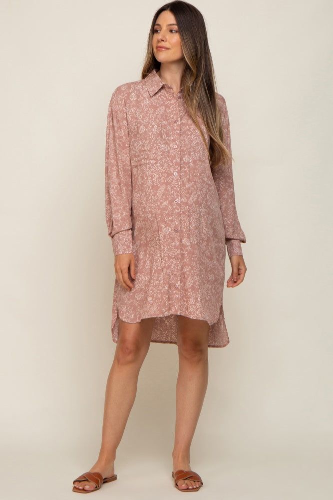 Mauve Floral Button Up Long Sleeve Maternity Dress sold by Pinkblush