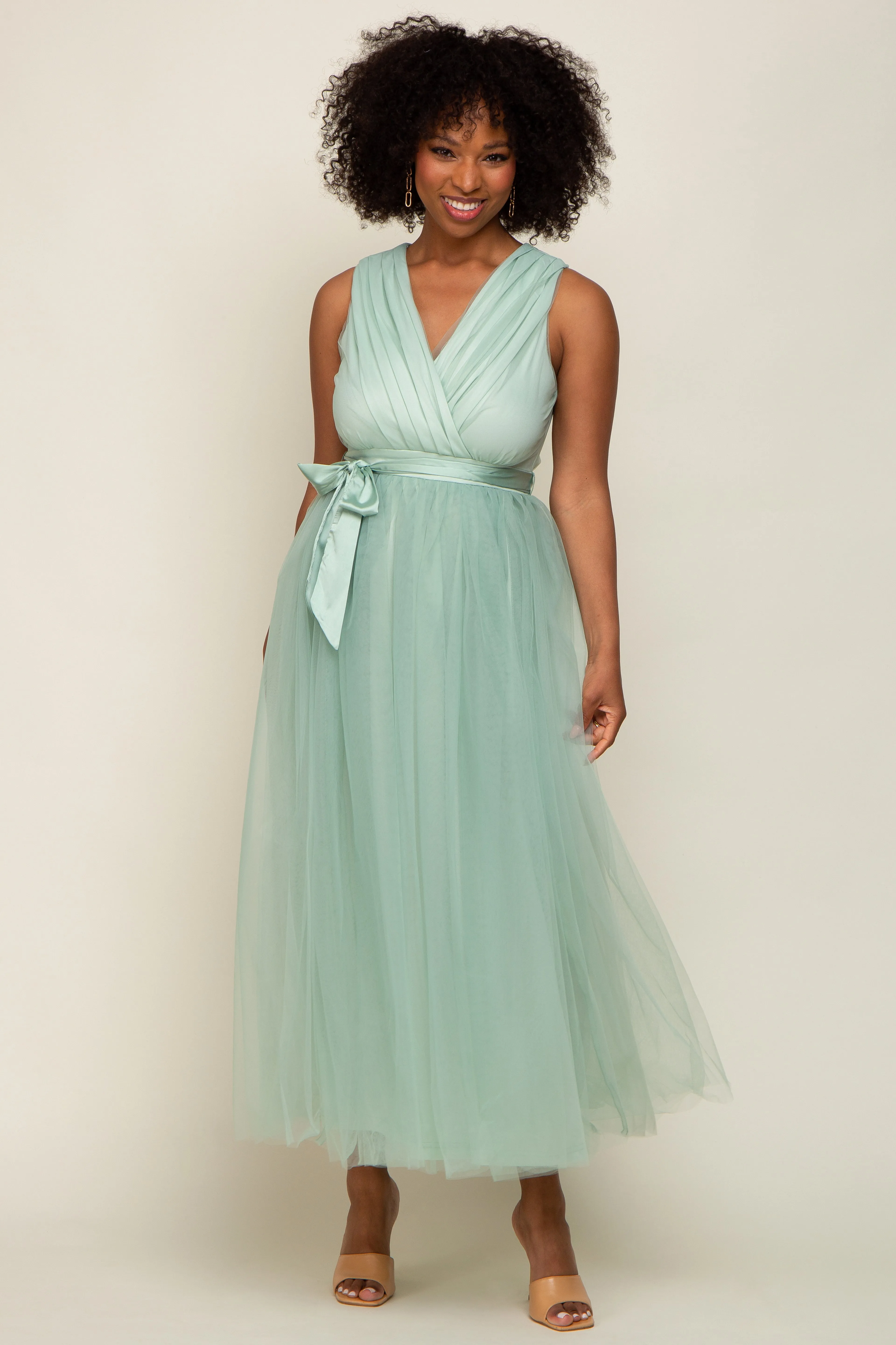 Mint Green Wrap V-Neck Waist Tie Tulle Maternity Midi Dress sold by Pinkblush product image thumbnail 5