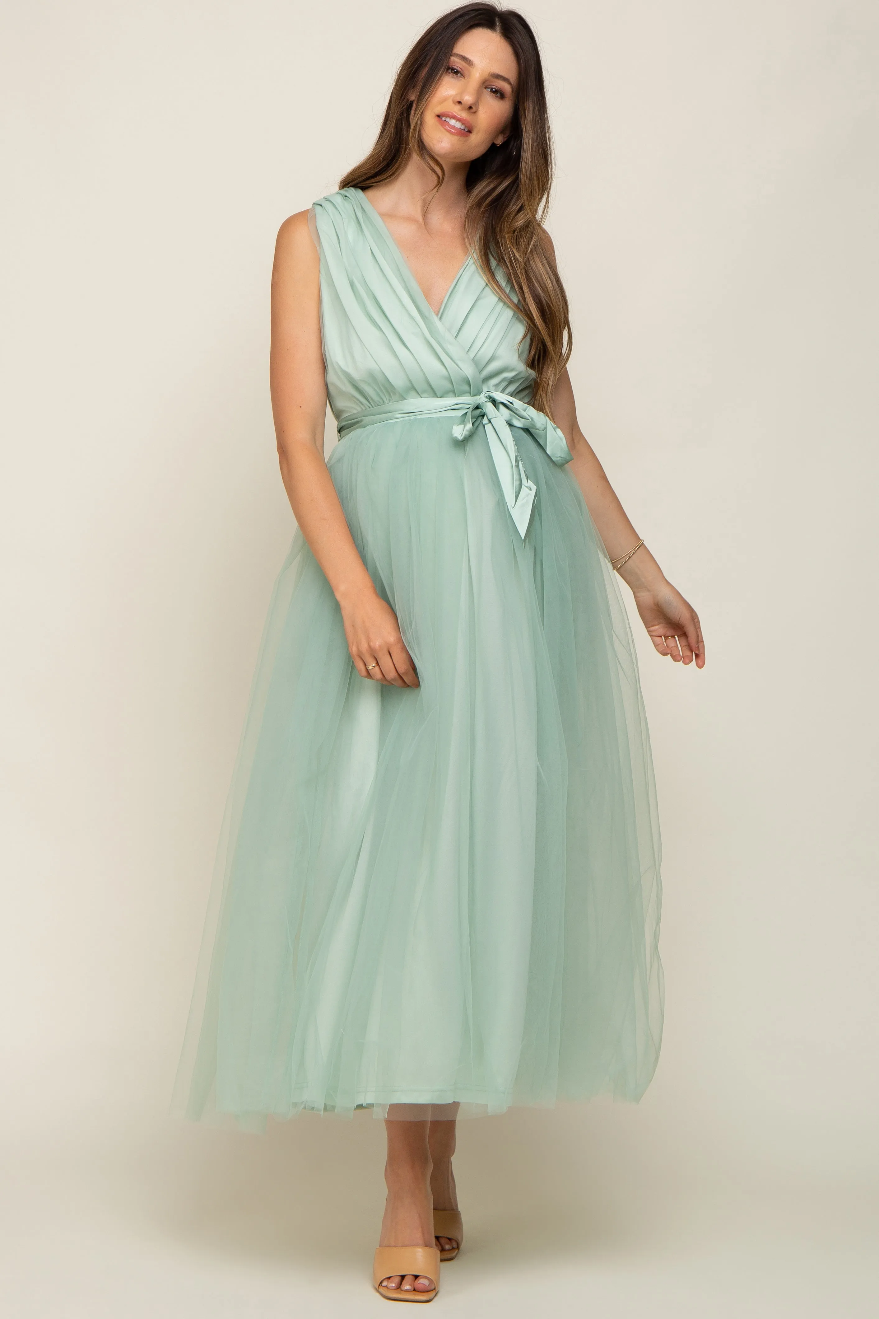 Mint Green Wrap V-Neck Waist Tie Tulle Maternity Midi Dress sold by Pinkblush product image thumbnail 2