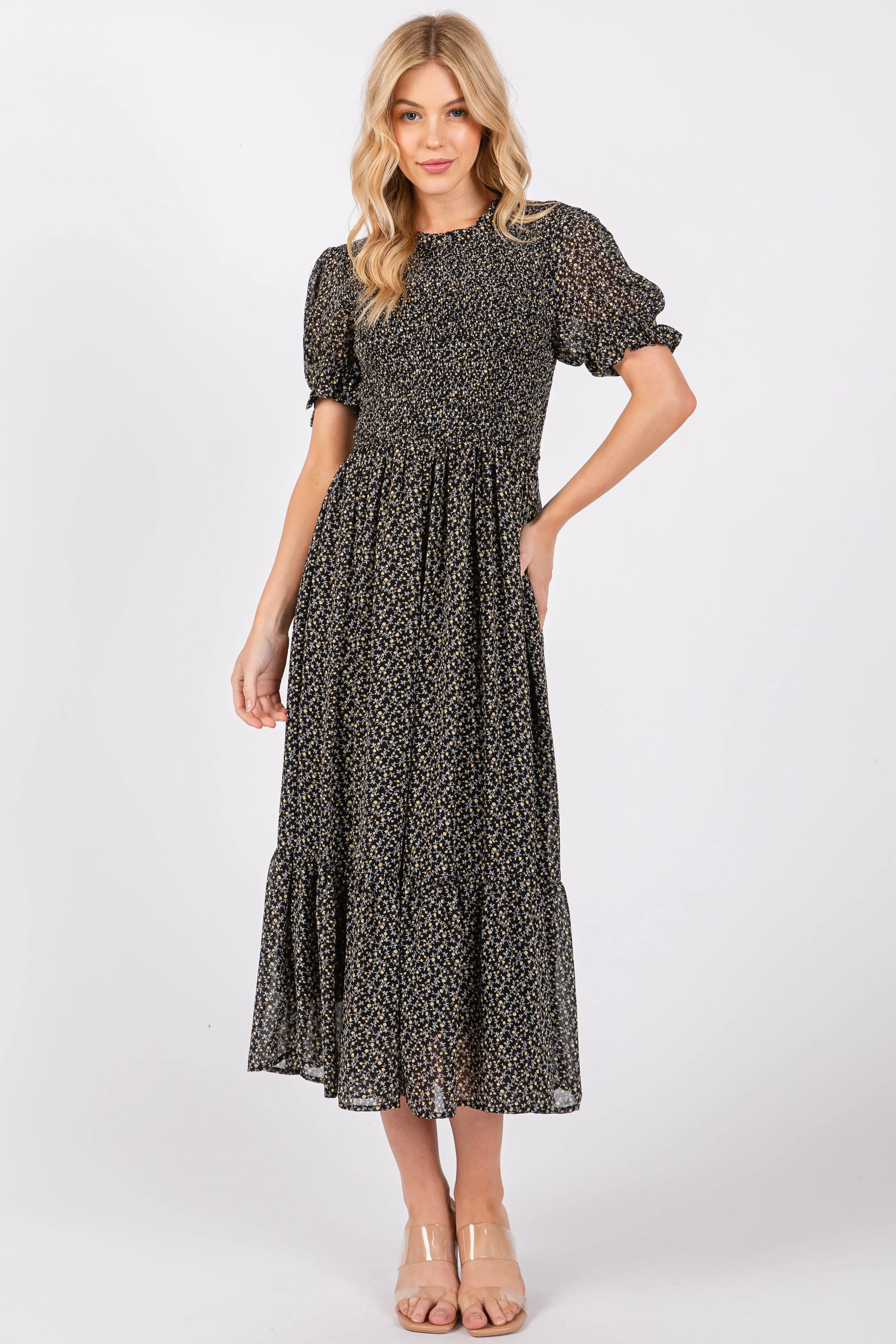 Black Printed Smocked Midi Dress sold by Pinkblush